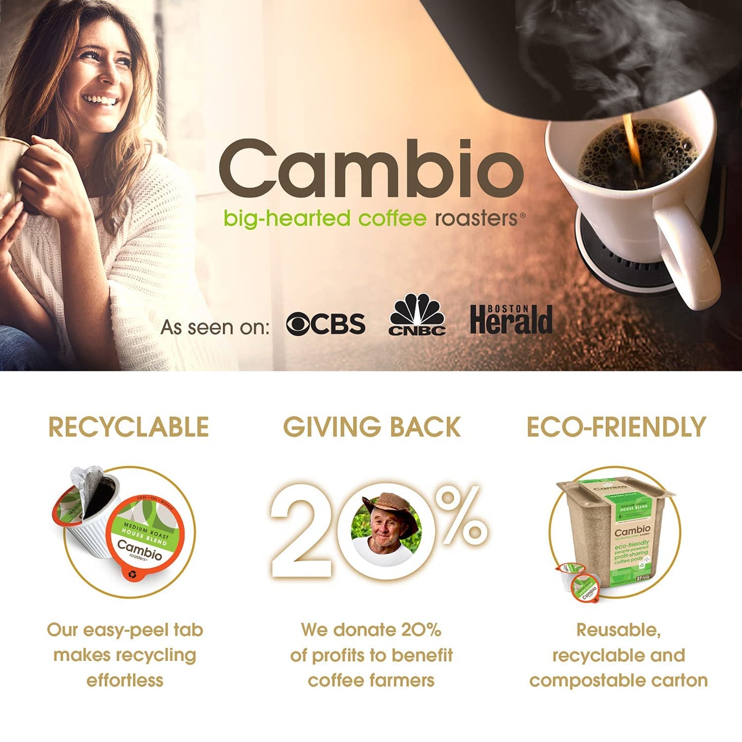 CAMBIO ROASTERS Donut Blend Coffee Pods - Eco-Friendly K Cups, Low Acid Light Roast, 10 Count, Compatible with Keurig