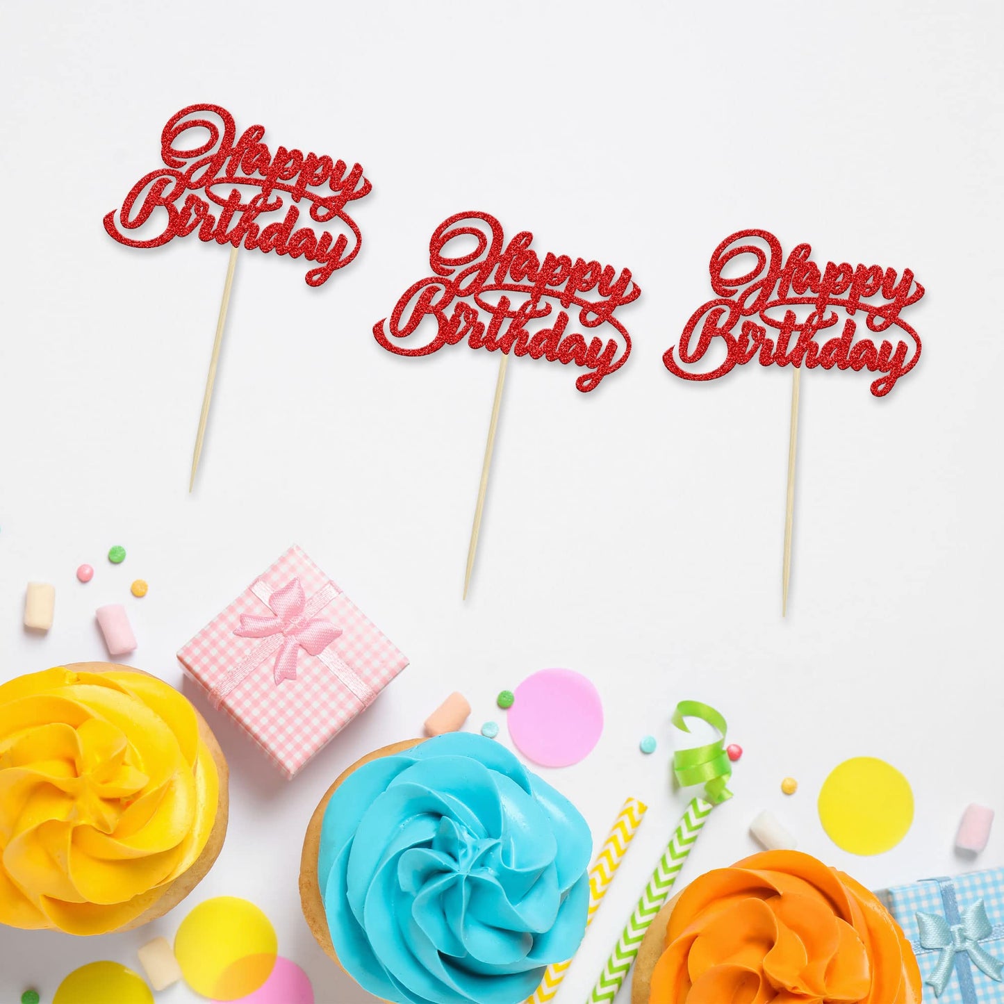 24Pcs Happy Birthday Cupcake Toppers Red Glitter Birthday Cupcake Food Picks For Celebrating Happy Birthday Party Cake Decoratio