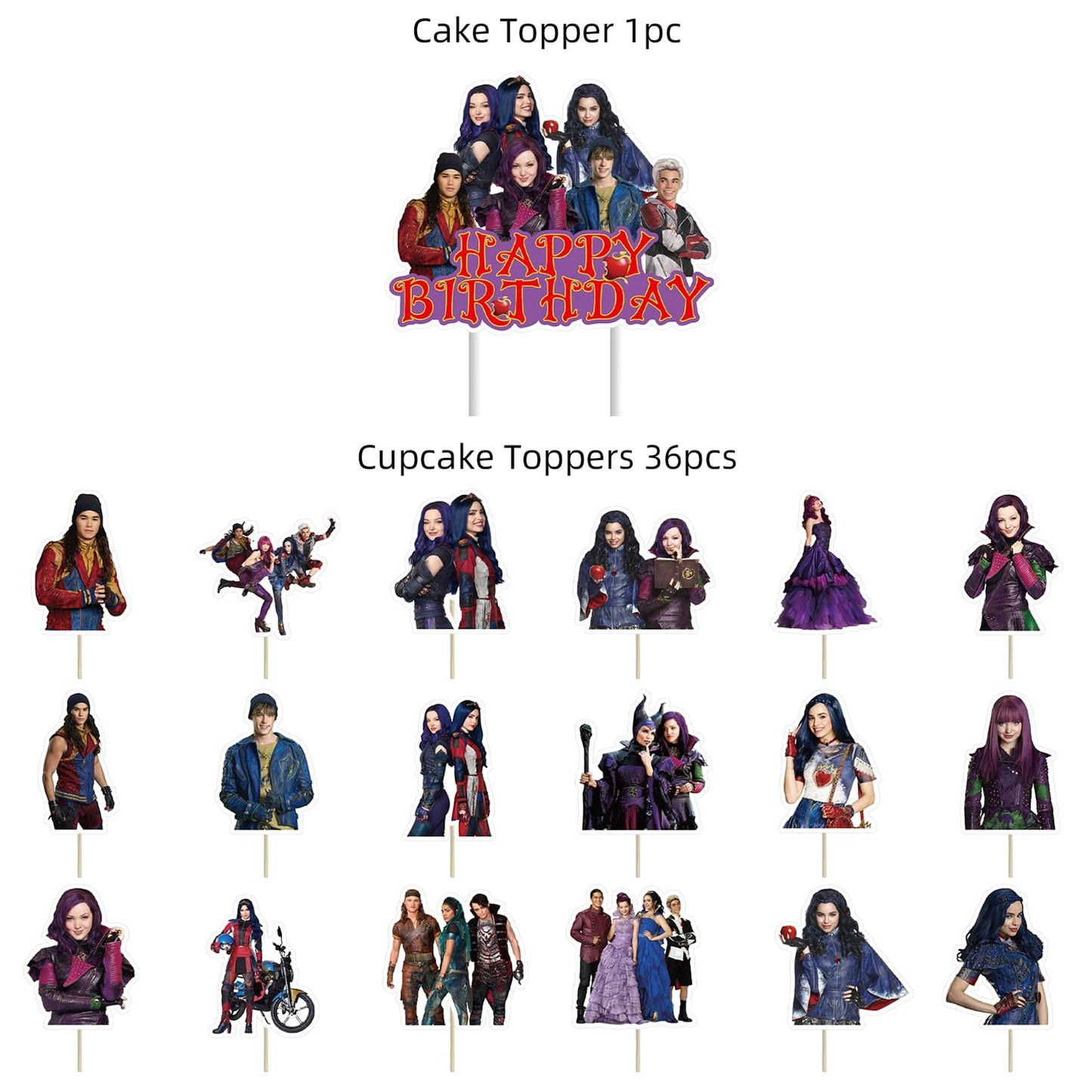 Genshii 37Pcs Descendants Cake Decoration Set Include 1Pc Big Cake Topper 36Pcs Cupcake Toppers For Descendants Theme Birthday P