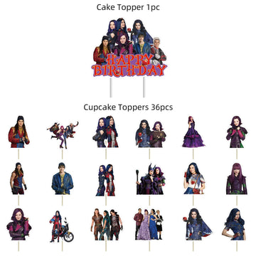 Genshii 37Pcs Descendants Cake Decoration Set Include 1Pc Big Cake Topper 36Pcs Cupcake Toppers For Descendants Theme Birthday P
