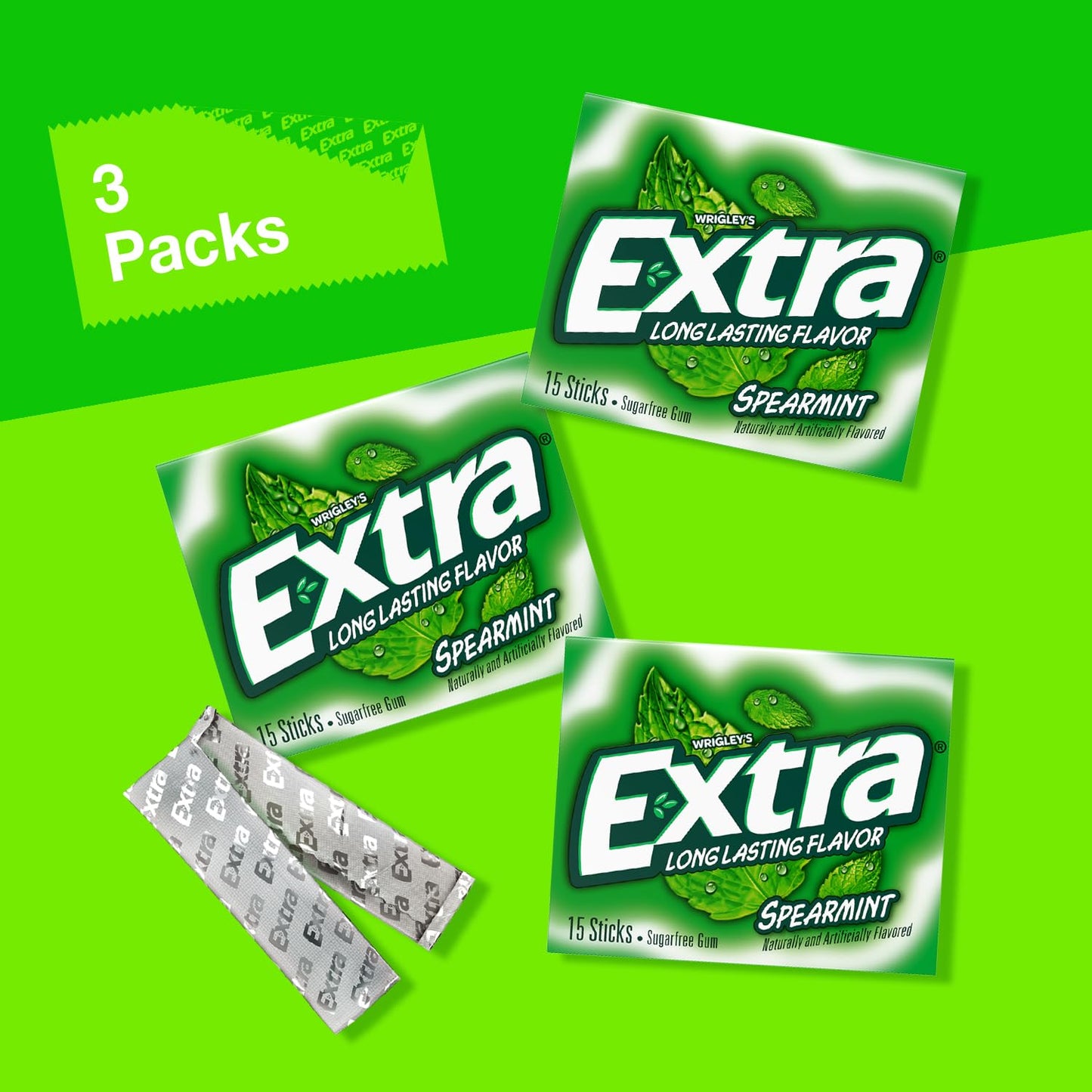 EXTRA Spearmint Sugar Free Gum Back To School Chewing Gum, 3 Pack Bulk Gum (45 Sticks Total)