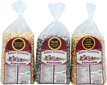 Amish Country Popcorn | 3-2 Lb Bags | 2 Lbs Mushroom - 2 Lbs Extra Large Caramel Type - 2 Lbs Blue Popcorn Kernels | Old Fashion