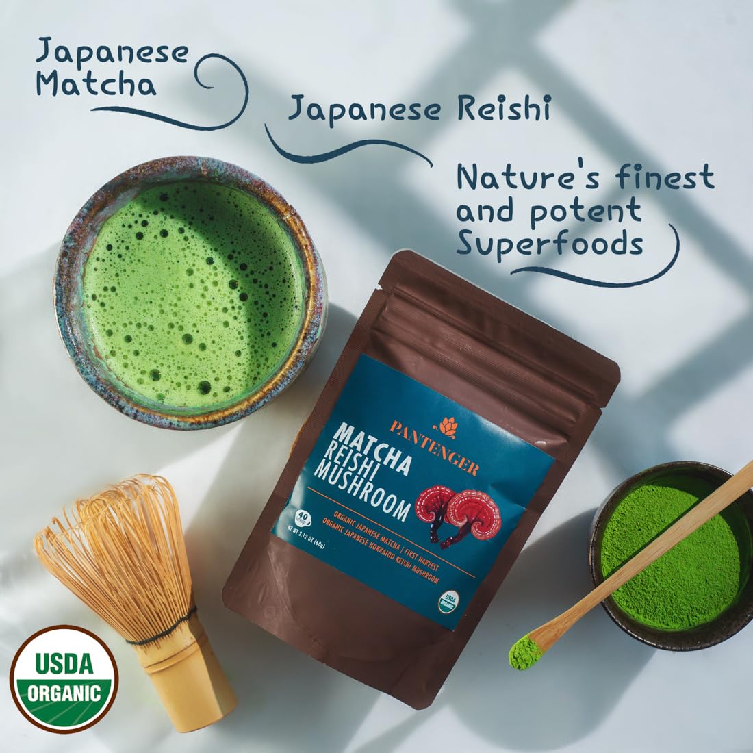 Pantenger Matcha Green Tea Powder with Reishi Mushroom, USDA Organic, 2.12 oz (60g)