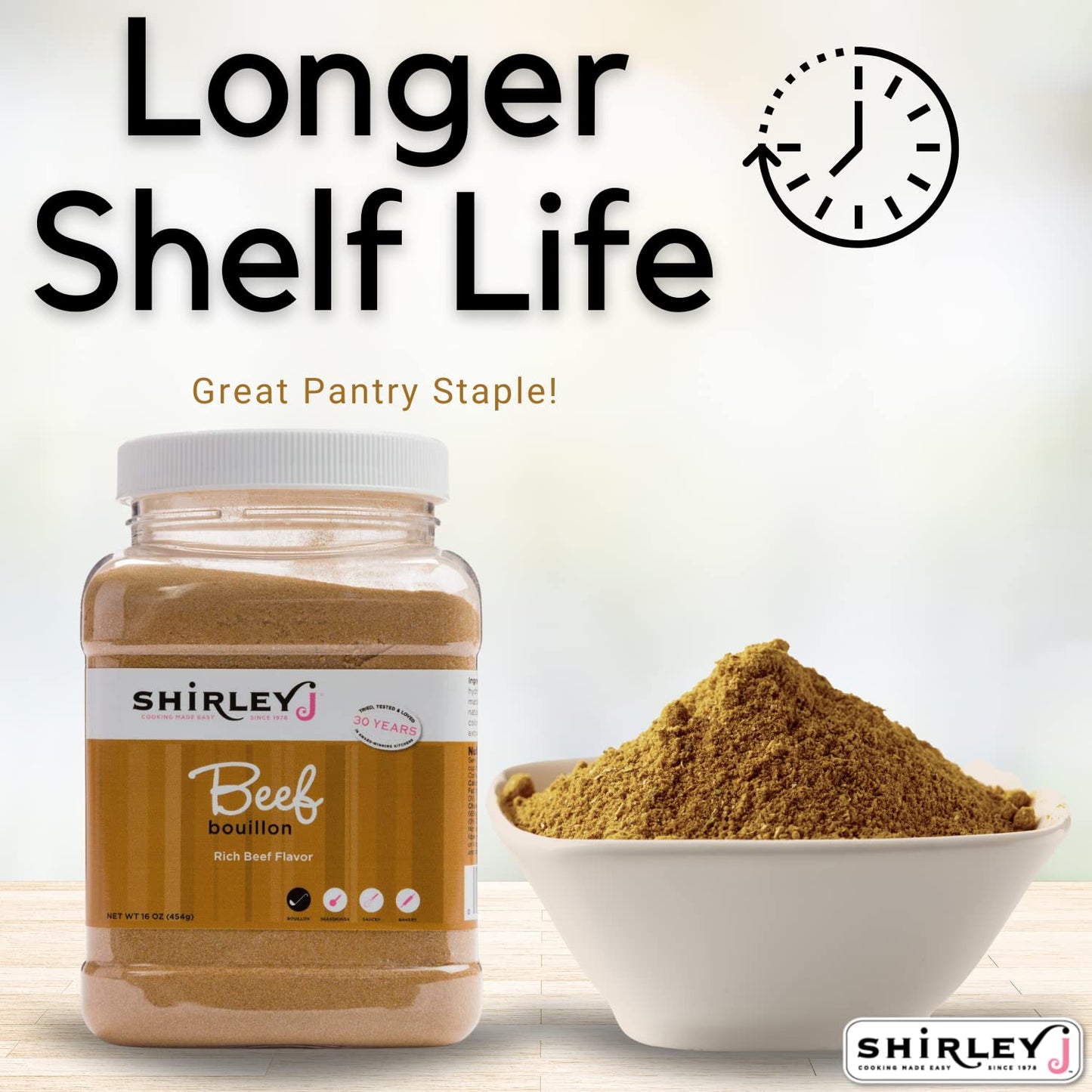 Shirley J- Beef Bouillon Powder Flavor 1 LB. | Low Sodium Concentrated Beef Flavored Bouillon enhanced Gourmet Grade | For Soup  Stew  Broth  Gravy  Curry & More (Beef)