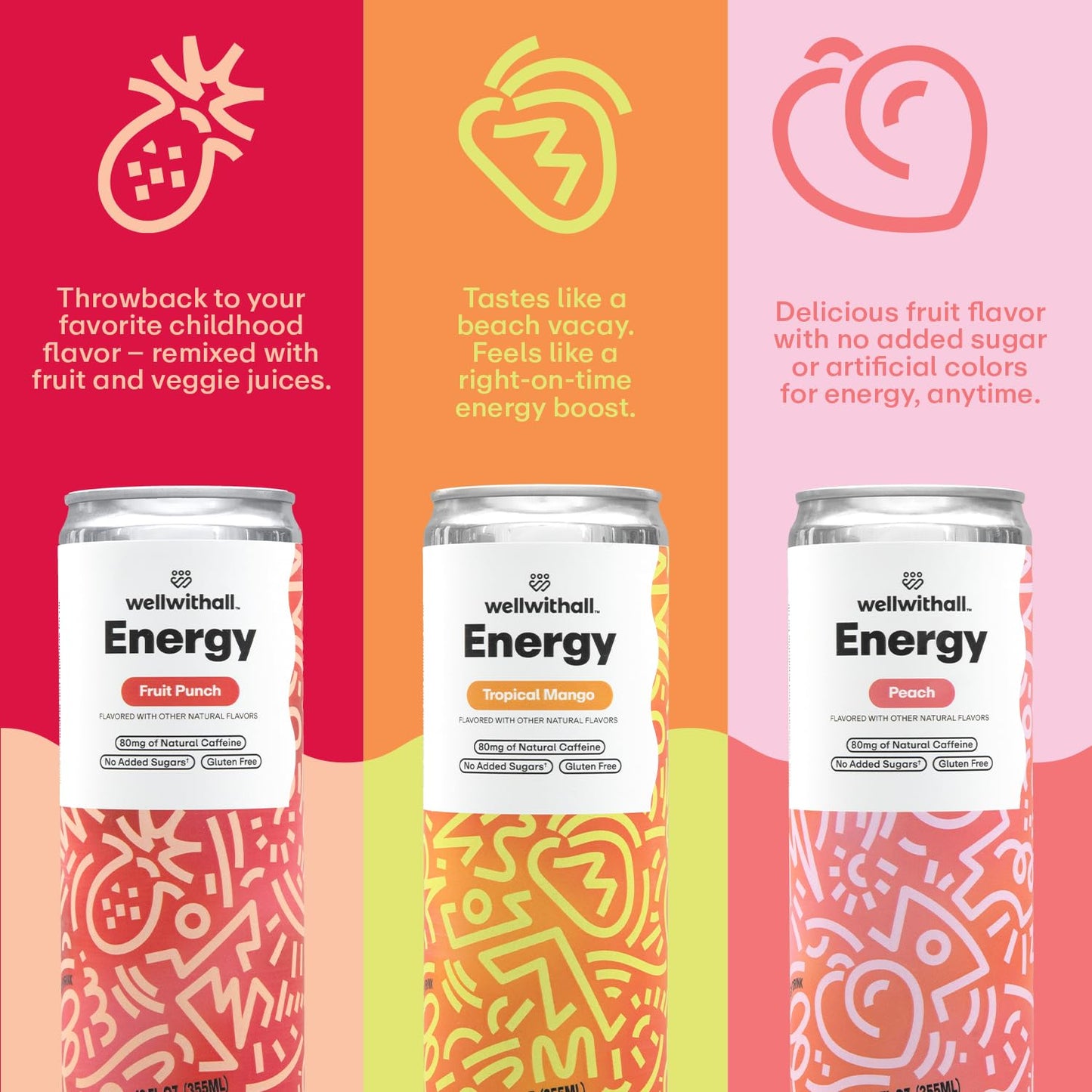 WellWithAll Energy Drink Variety Pack - Fruit Punch, Tropical Mango, Peach - 12 Fl Oz (Pack of 12) - Lightly Sparkling Beverage