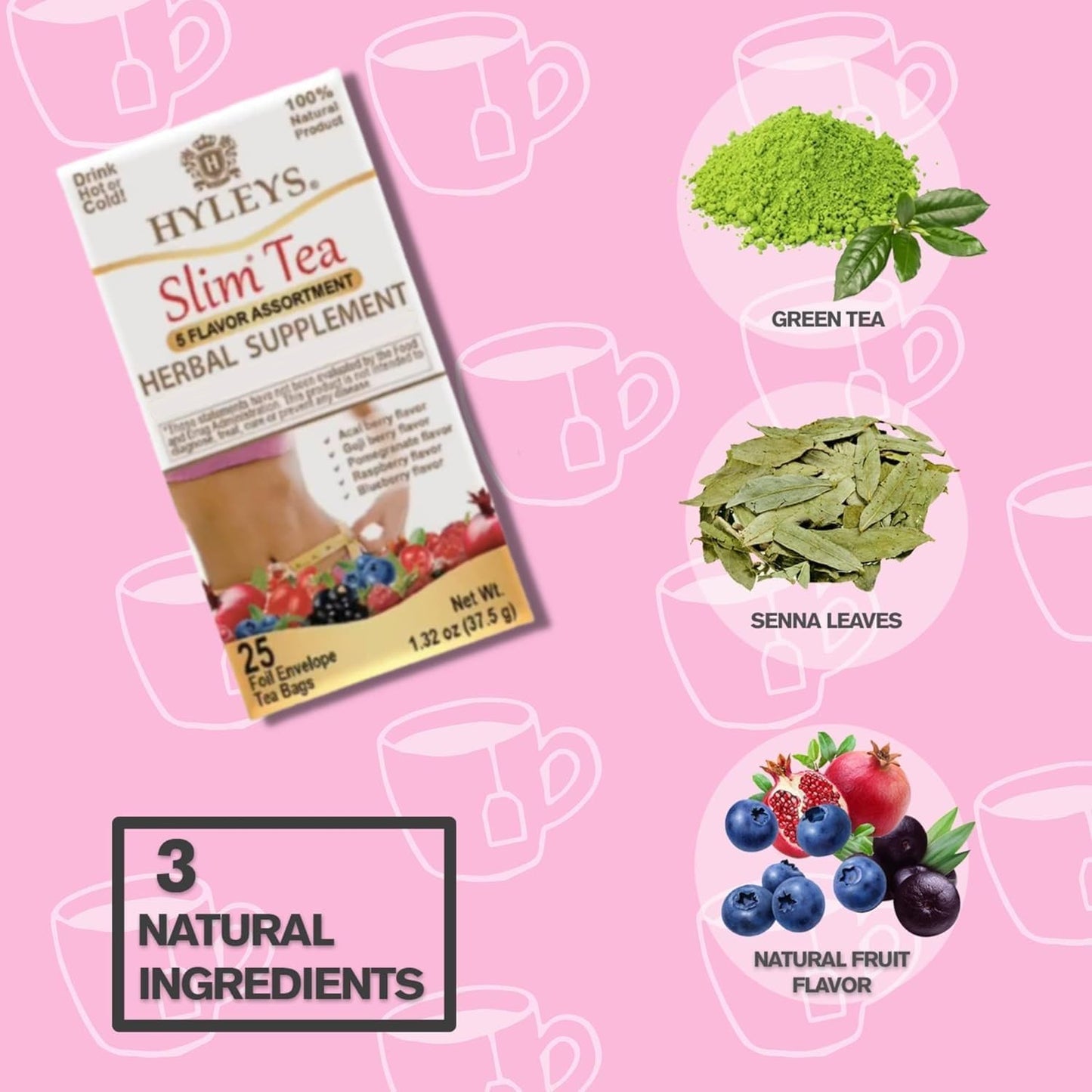 Hyleys Tea Variety Pack Bundle - Organic Green Tea 7 Flavors, Slim Tea 5 Flavor Assortment, And Pineapple Flavor - 75 Total Tea