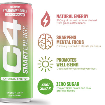 Cellucor C4 Smart Energy Drink, Sugar Free, Nootropic Booster, Strawberry Guava, 12 Fl Oz (Pack of 12)