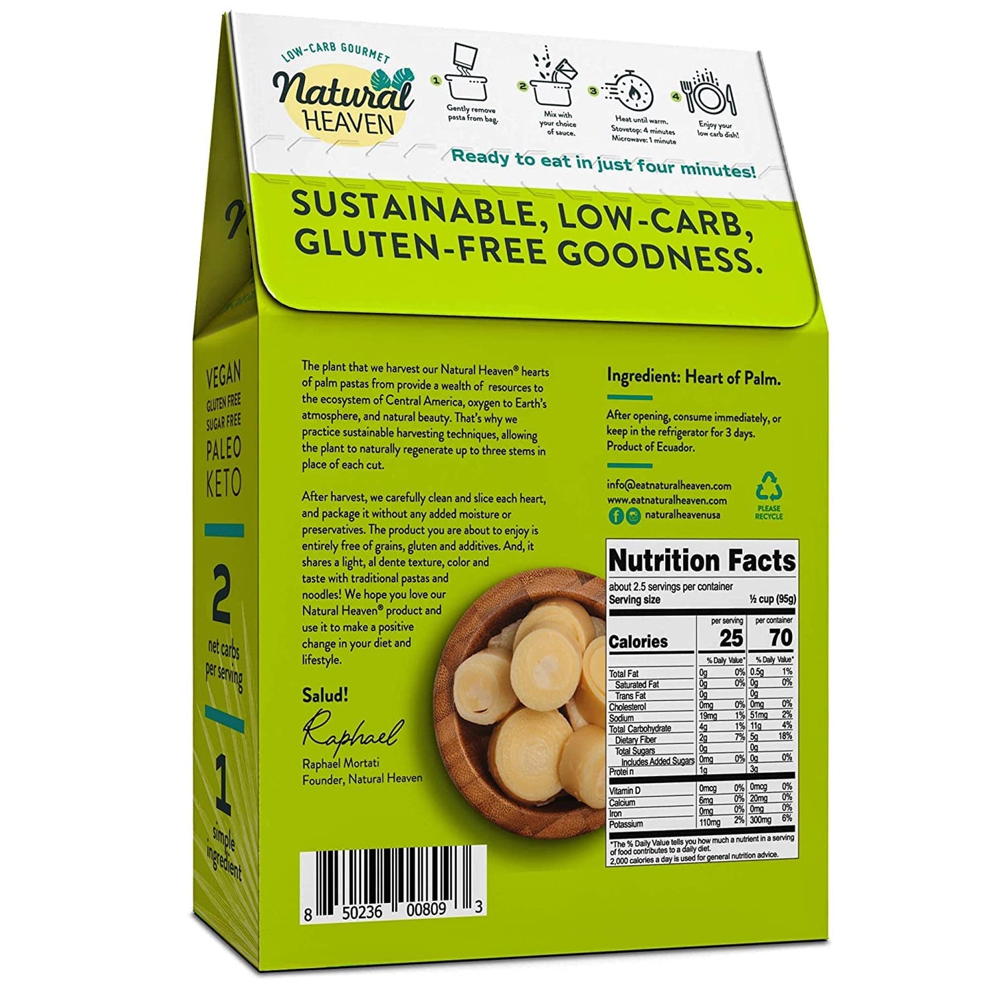 Natural Heaven Spaghetti Noodles, Hearts Of Palm, 4-Pack – Naturally Rich In Potassium, Low-Calorie Veggie Pasta, Keto & Gluten-Free Food, Vegan, 9 Oz Ea