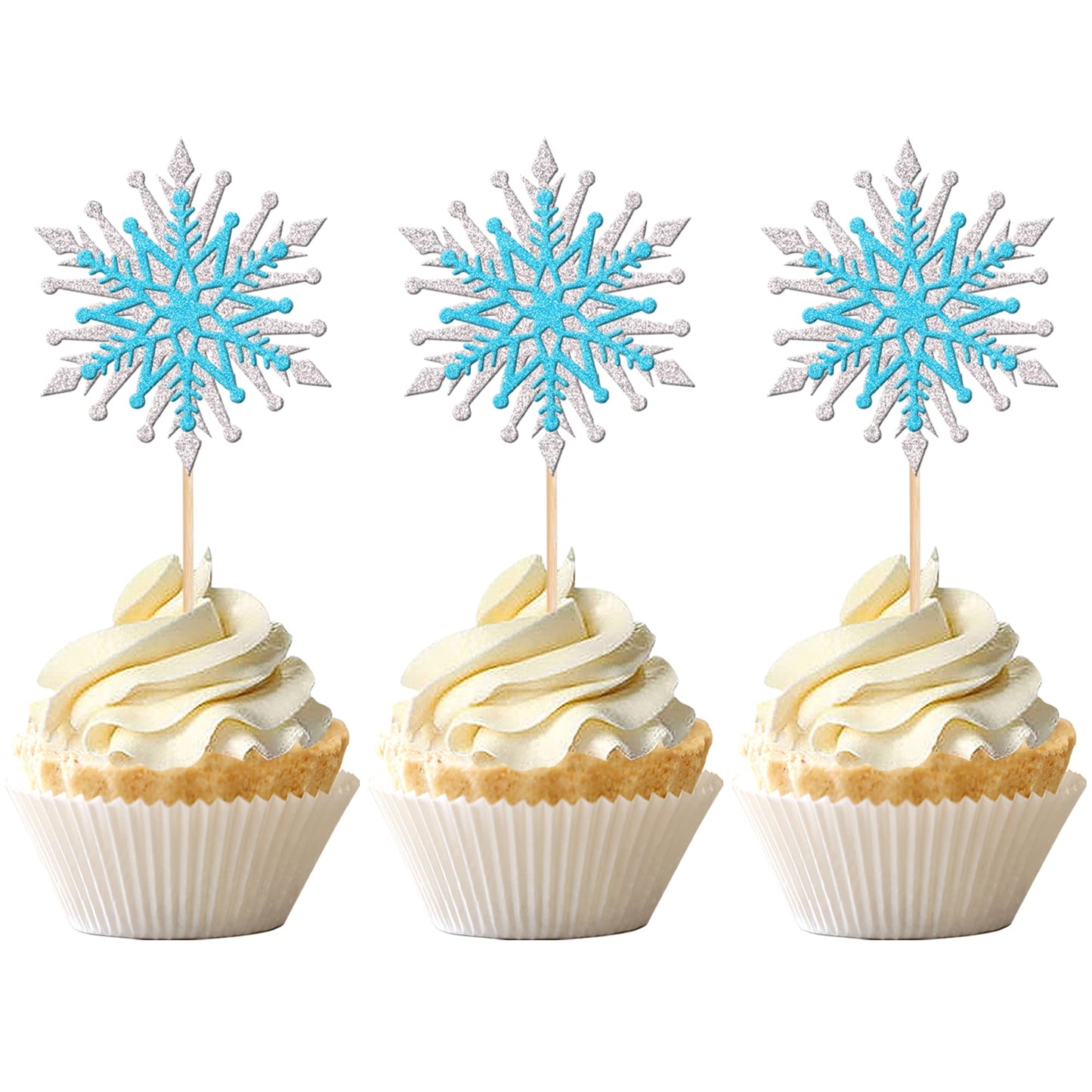 24 PCS Snowflake Cupcake Toppers Assemble Glitter Double Layers Winter Snowflake Cupcake Picks for Winter Wonderland Baby Shower