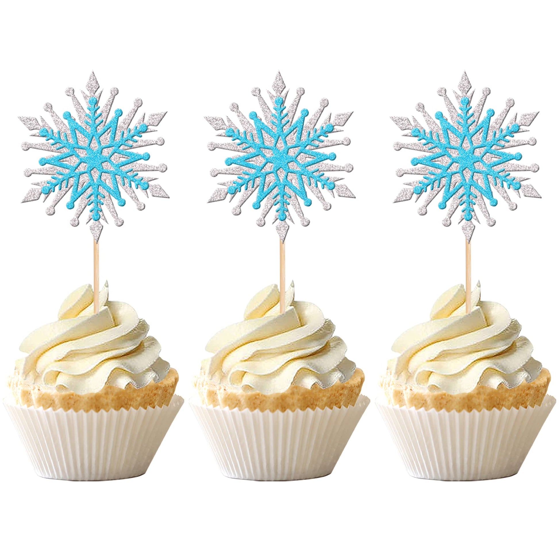 24 PCS Snowflake Cupcake Toppers Assemble Glitter Double Layers Winter Snowflake Cupcake Picks for Winter Wonderland Baby Shower