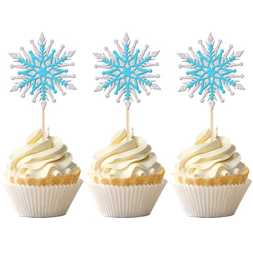24 PCS Snowflake Cupcake Toppers Assemble Glitter Double Layers Winter Snowflake Cupcake Picks for Winter Wonderland Baby Shower