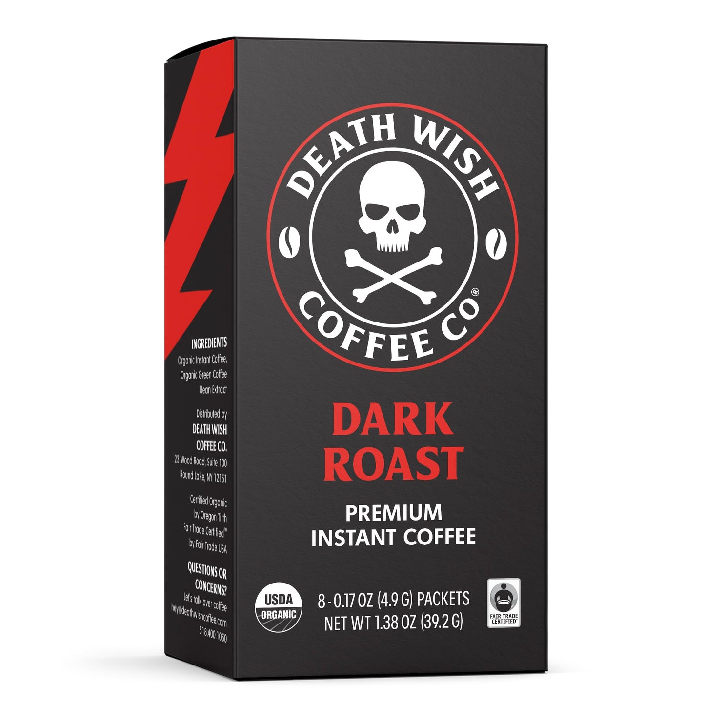 Death Wish Coffee Instant Dark Roast Coffee Packets, Bold & Intense Blend of Arabica & Robusta Beans, USDA Organic, 8 Count
