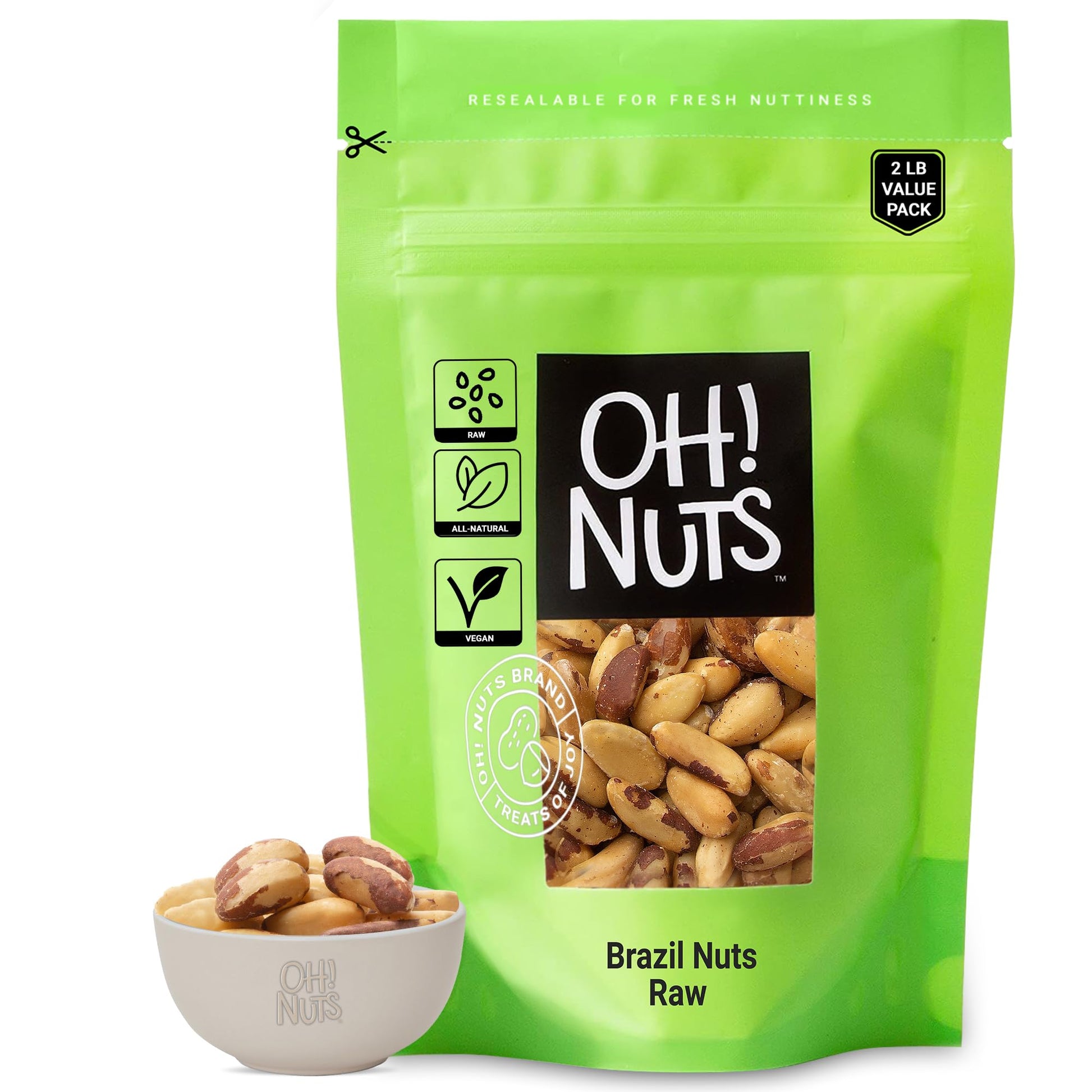 Oh! Nuts Raw Brazil Nuts - 100% Natural Whole Unshelled - 2 lb Zip-Seal Bag