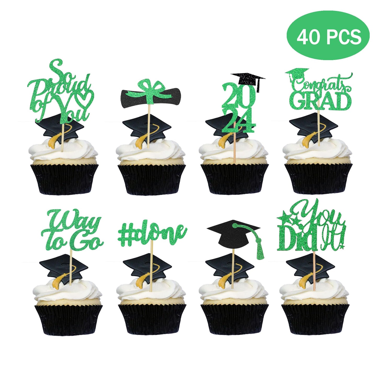 Graduation Cupcake Toppers 2024 Green,Glitter Class Of 2024 Cupcake Toppers Supplies,Class Of 2024 Congrats Grad Cap Diploma Cup