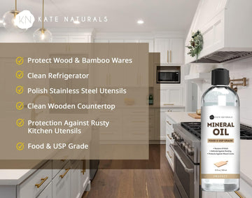 Kate Naturals Mineral Oil For Cutting Board 12Oz With Wax Applicator. Food Grade & Food Safe Mineral Oil To Protect Wood On Cutting Boards, Butcher Block & Bamboo Boards