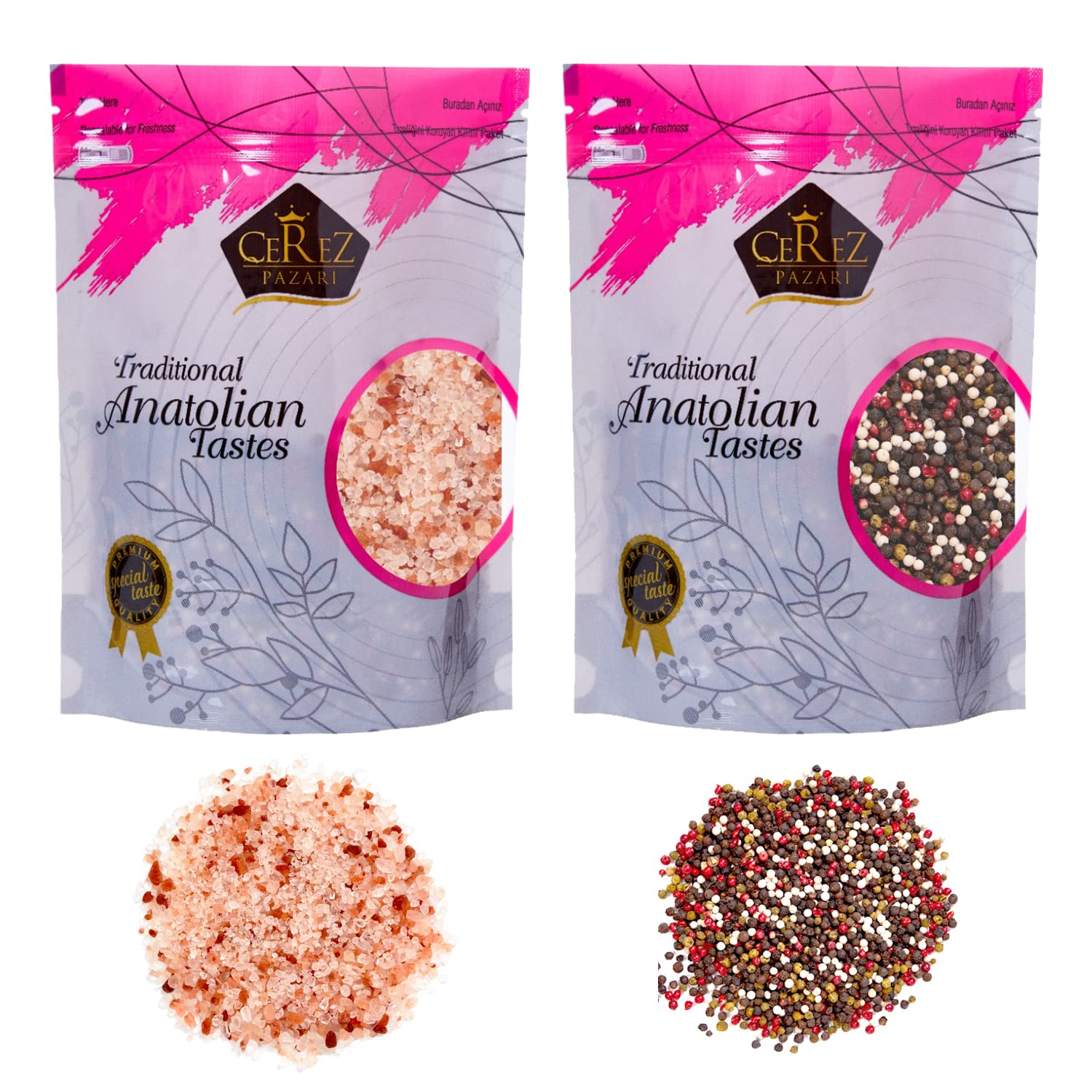 Cerez Pazari Rainbow Peppercorn Blend 12 Oz And Himalayan Pink Salt (Coarse Grain) 2 Lbs, Whole Black, Pink, Green, White Color