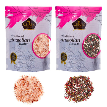 Cerez Pazari Rainbow Peppercorn Blend 12 Oz And Himalayan Pink Salt (Coarse Grain) 2 Lbs, Whole Black, Pink, Green, White Color