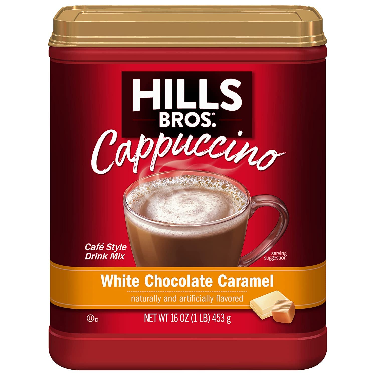 Hills Bros. Instant Cappuccino Mix, White Chocolate Caramel (16 Oz, Pack of 1) - Convenient and Versatile, Instant Hot or Iced C