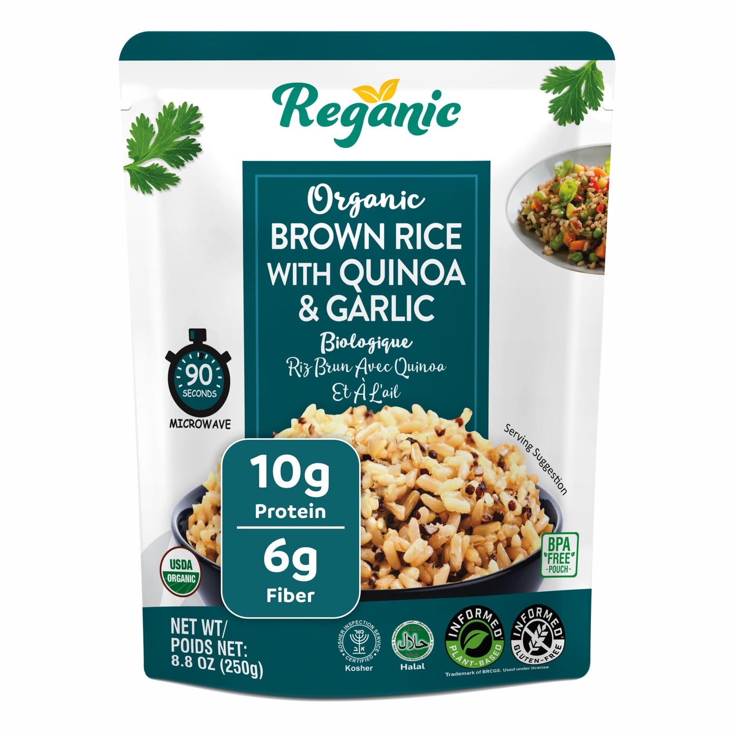 Reganic Organic Brown Rice with Quinoa & Garlic Pouch, USDA Organic, Nutty & Wholesome Blend, 100% Recyclable Pouch, 10g Protein