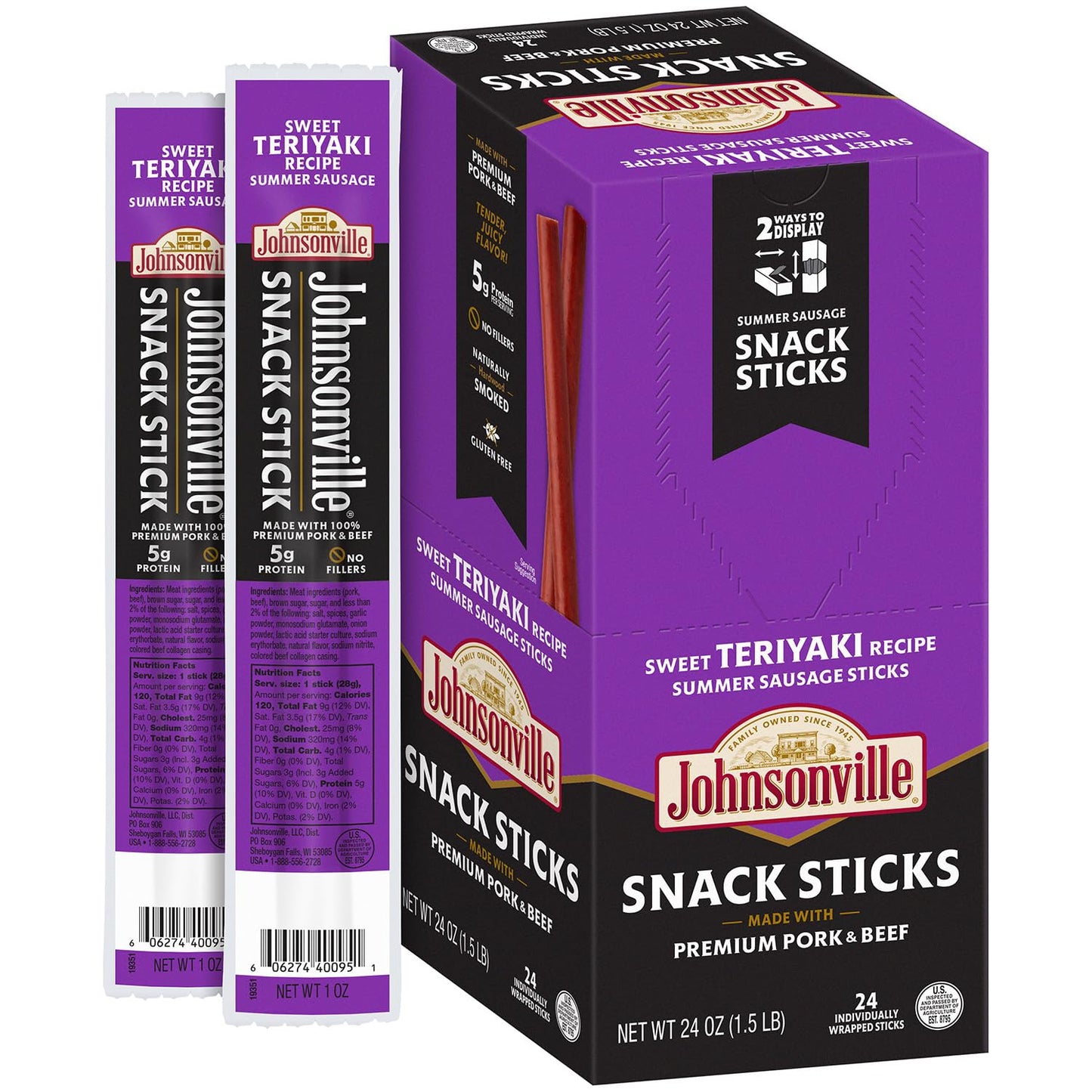 Johnsonville Summer Sausage Snack Sticks - Dairy Free, Gluten Free - Sweet Teriyaki, 1 oz., 24-Pack