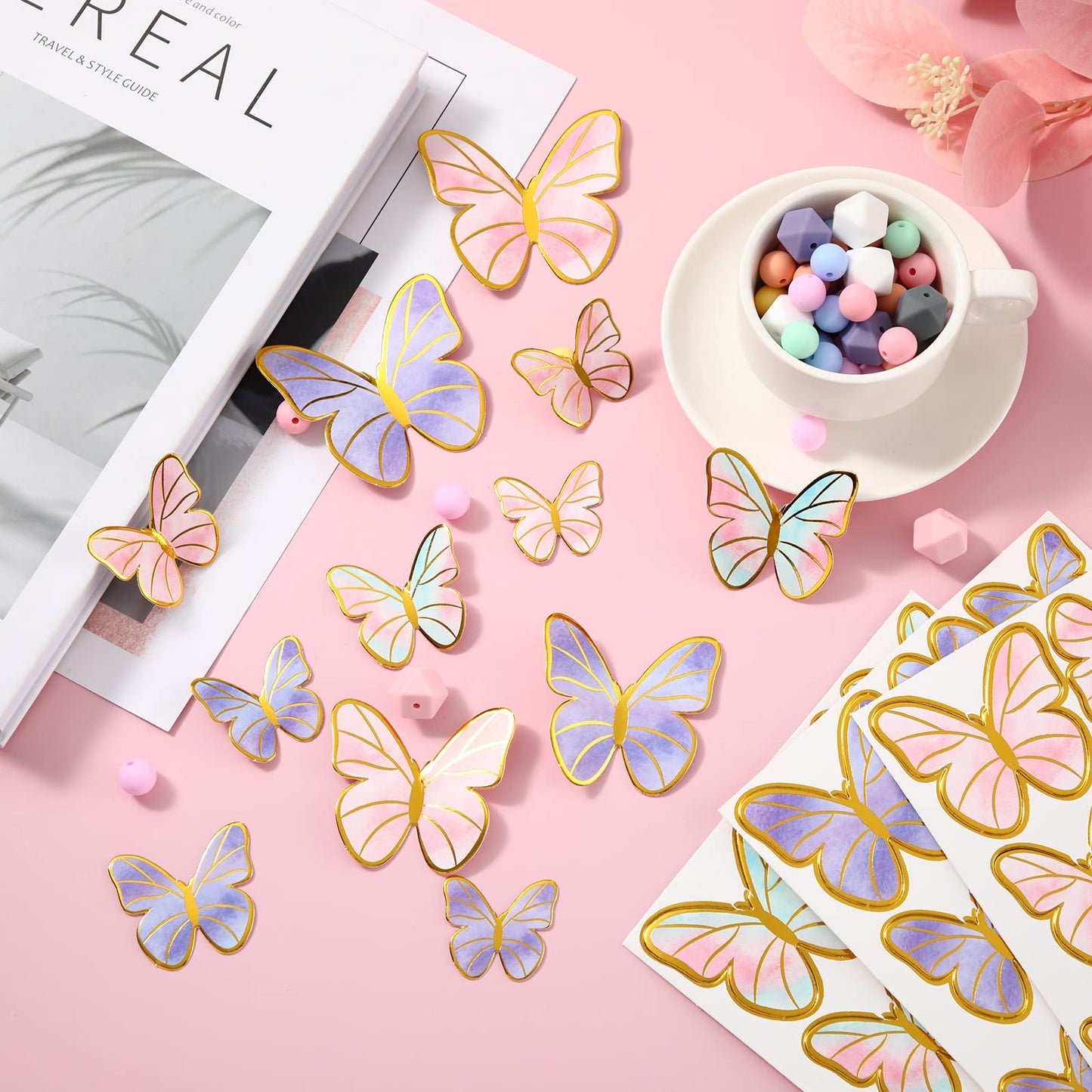 Outus Butterfly Cake Topper Set, 120 Pieces, 3D Decorations for Birthday, Wedding, Party - Purple, Pink, Gold
