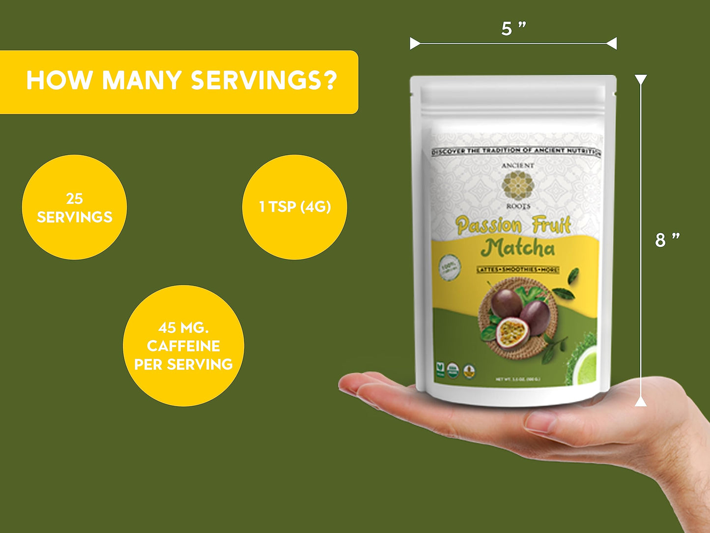 Ancient Roots Passion Fruit Matcha Mix – Organic Green Tea Powder, 3.5 OZ, Vegan, Gluten-Free