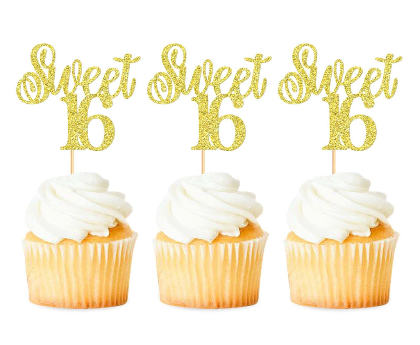 Keaziu Cupcake Toppers, Sweet 16 Picks, 24 Pack, Gold, Paper Decorations for Birthday and Wedding Anniversaries