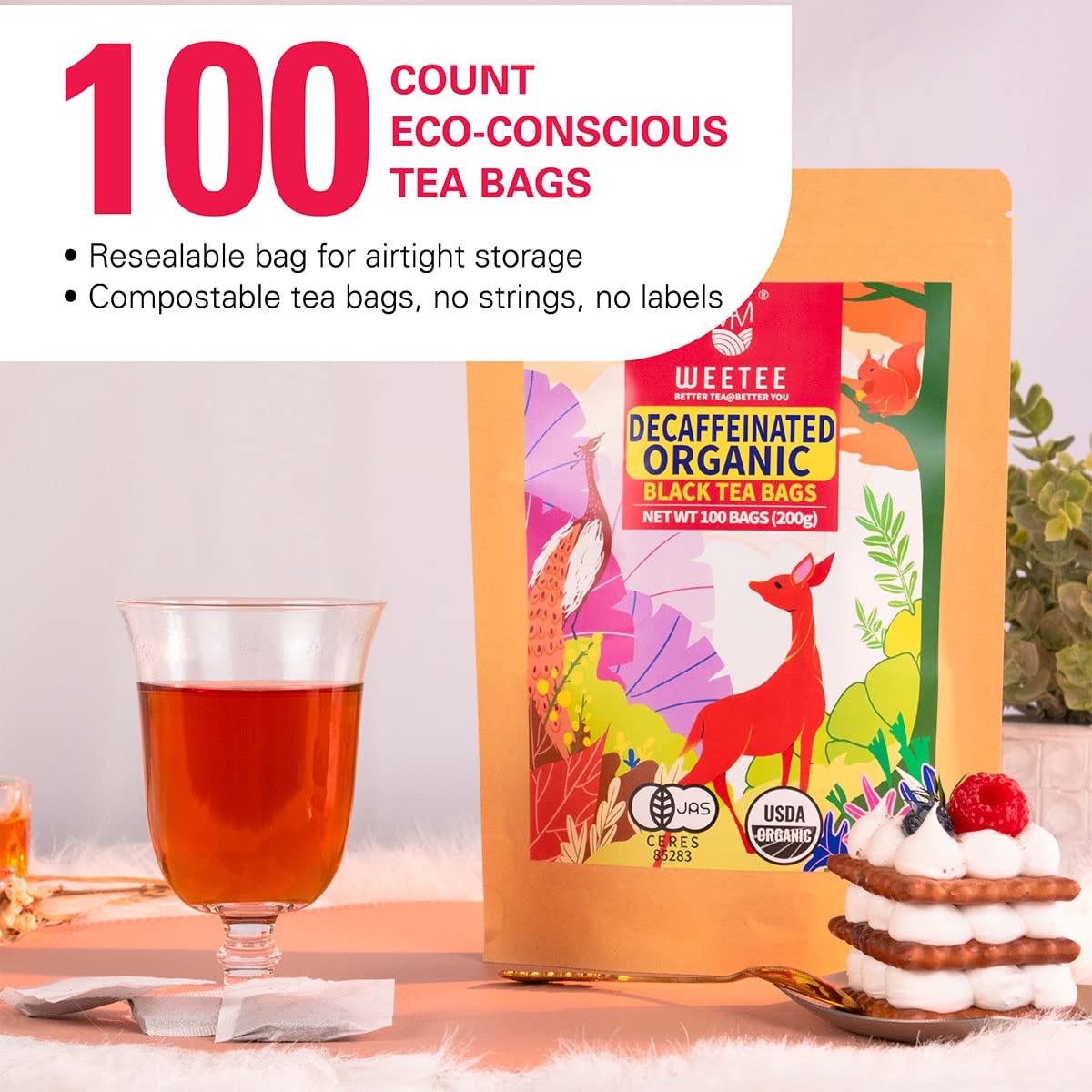 Wt Weetee Organic Decaf Black Tea Bags, Organic Decaffeinated Black Tea 200 Count | Smooth & Mild Taste | Co2-Decaffeinated | Resealable Kraft Bag