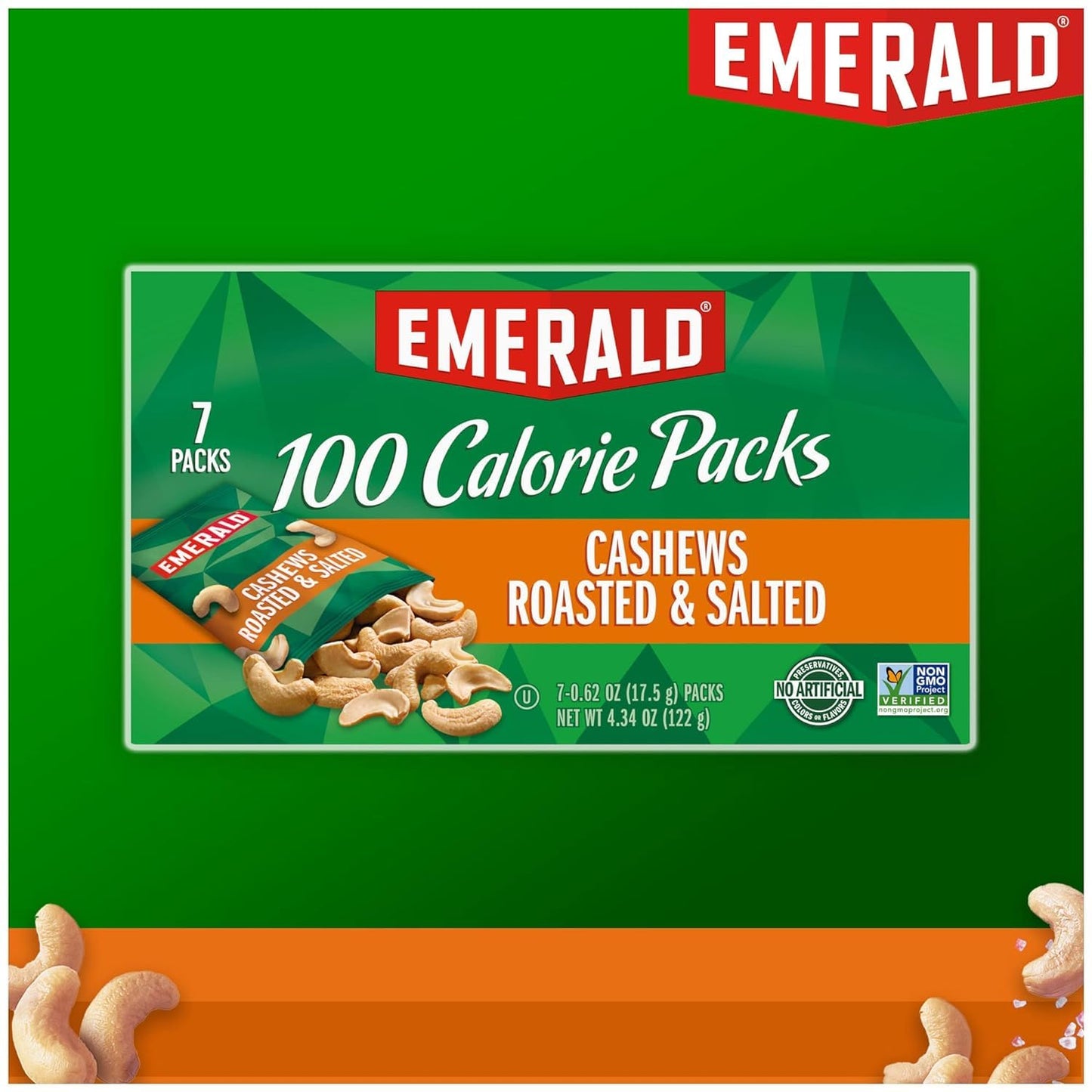 Emerald Cashews Roasted & Salted, 100 Calorie Packs, 4.34 Oz (Pack of 2)