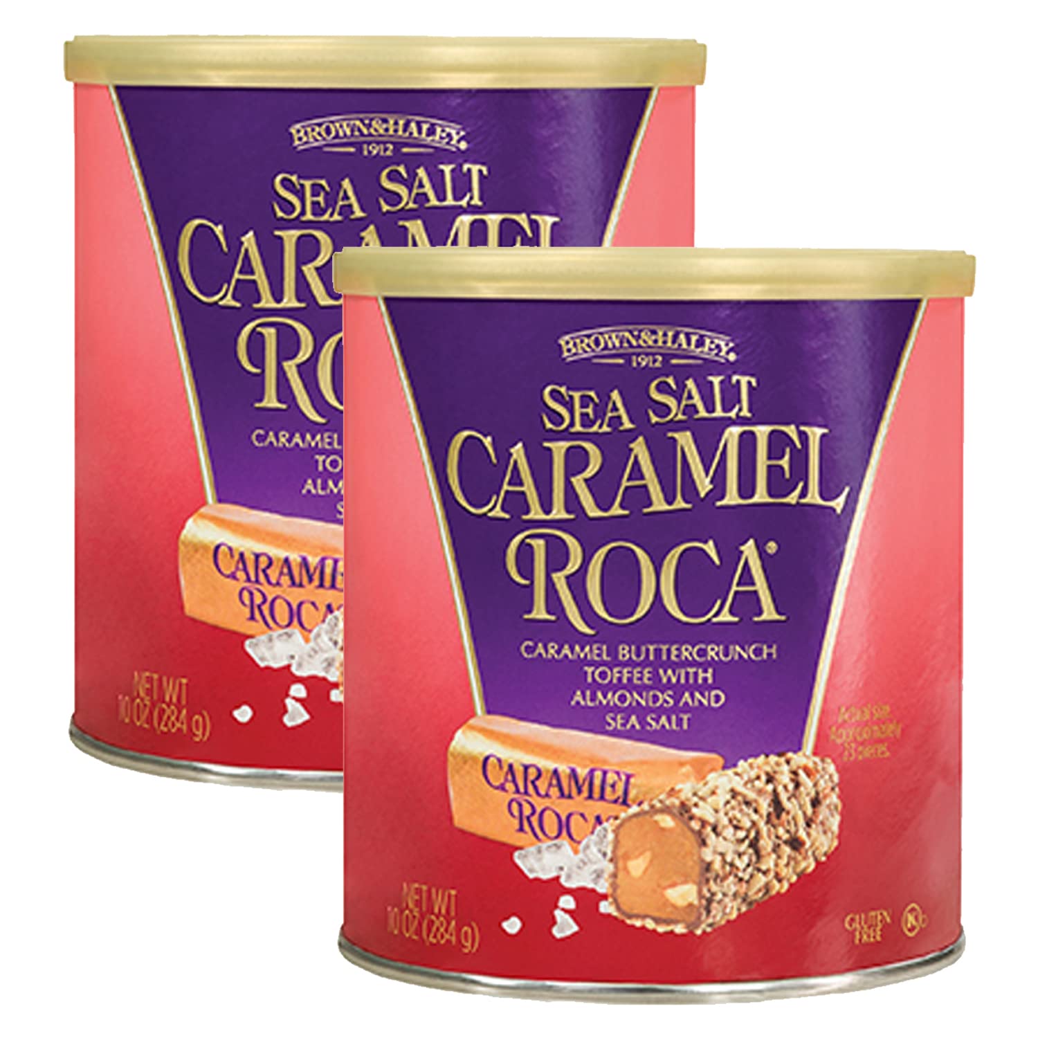 Brown & Haley Sea Salt CARAMEL ROCA Canister, Individually Wrapped Caramel Buttercrunch Toffee (10 Ounce (Pack of 2))
