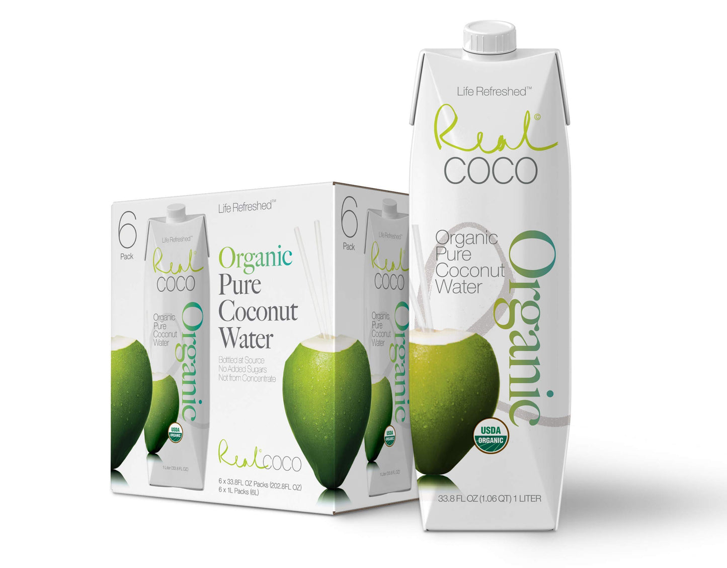 Real Coco Organic Pure Coconut Water (6-Pack 1L), Usda Organic, No Added Sugar, Plant Based, Packed With Electrolytes, Vegan