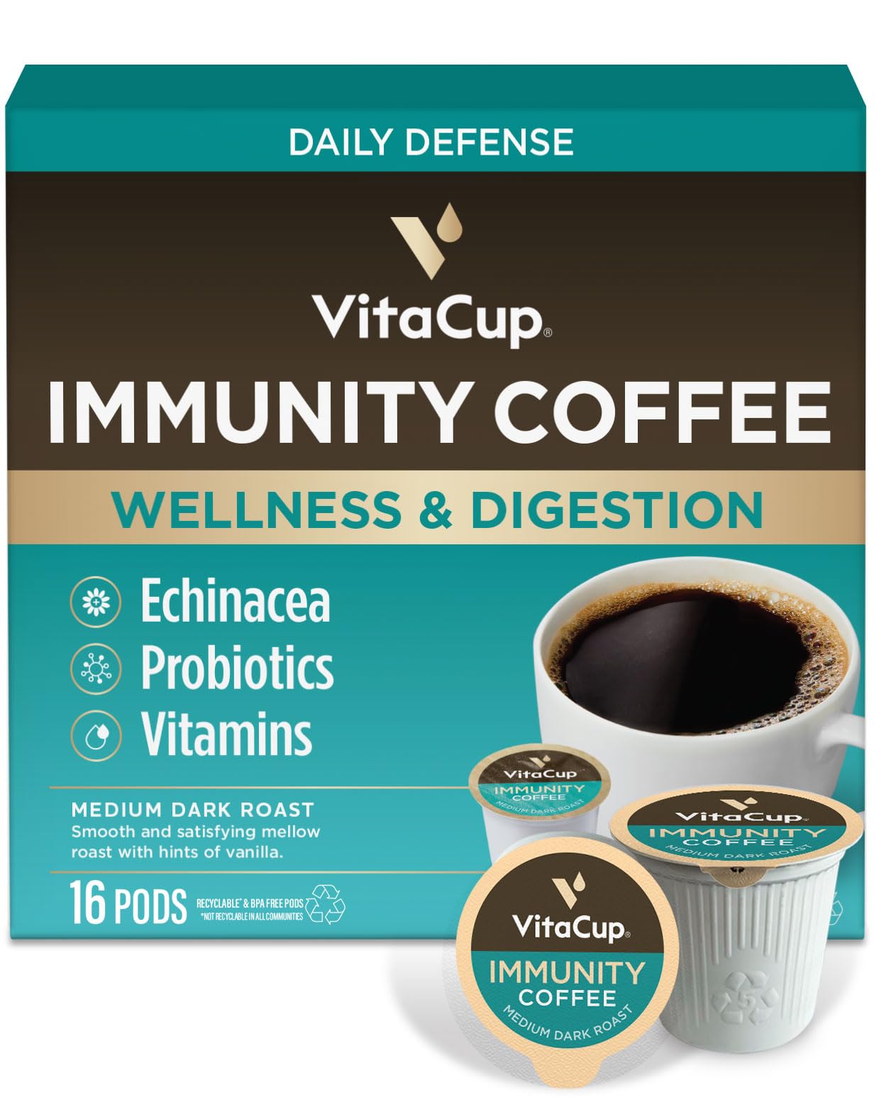 Vitacup Immunity Coffee Pods, Wellness Boost With Antioxidants, Echinacea, Probiotics, Vitamin C & D3, Medium Dark Roast, Recyclable Single Serve Pod Compatible With Keurig K-Cup Malt-Inspired,16 Ct