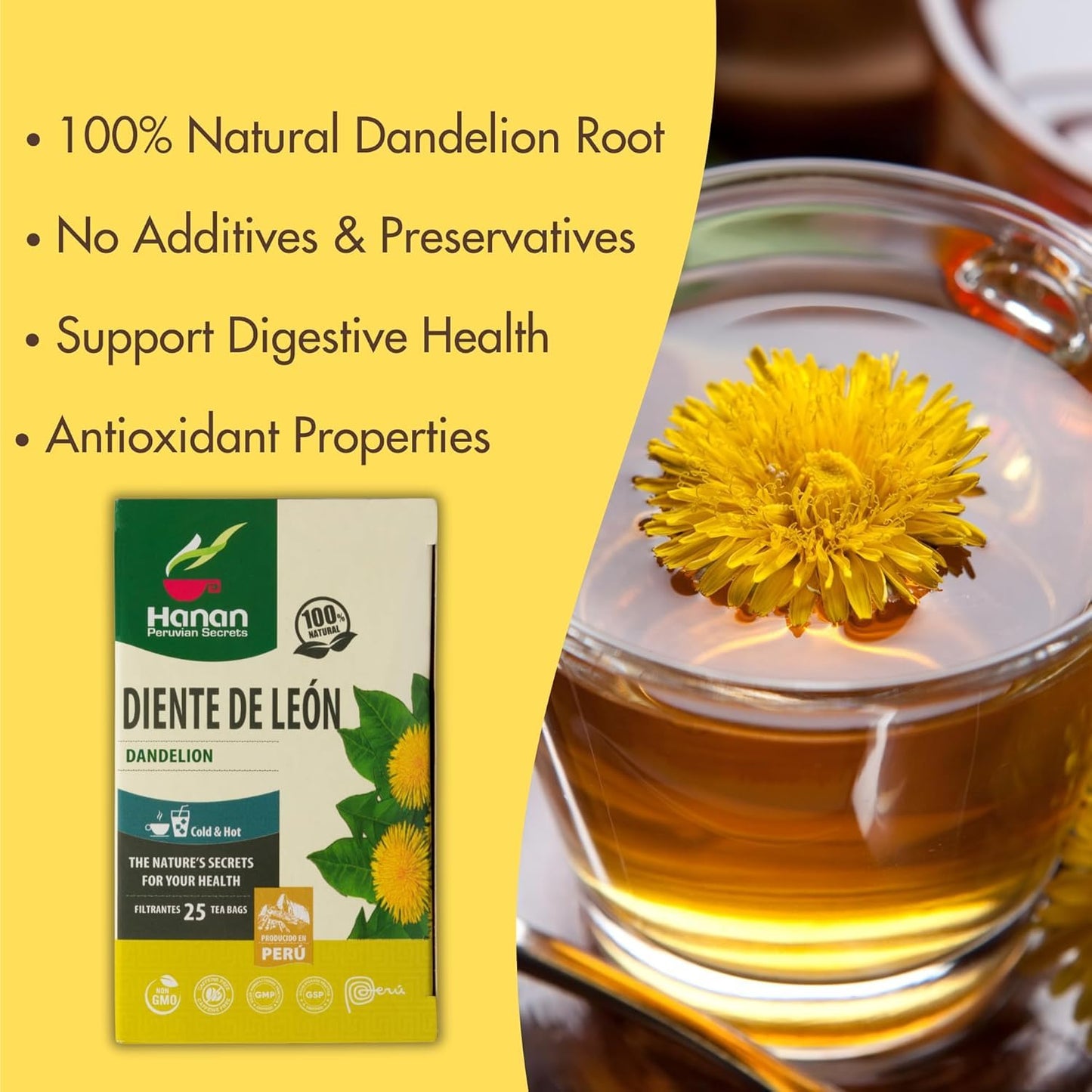 Hanan Dandelion Herbal Tea - 50 Teabags (25 Bags x 2 Boxes) - All-Natural Dandelion Root and Leaf from Peru