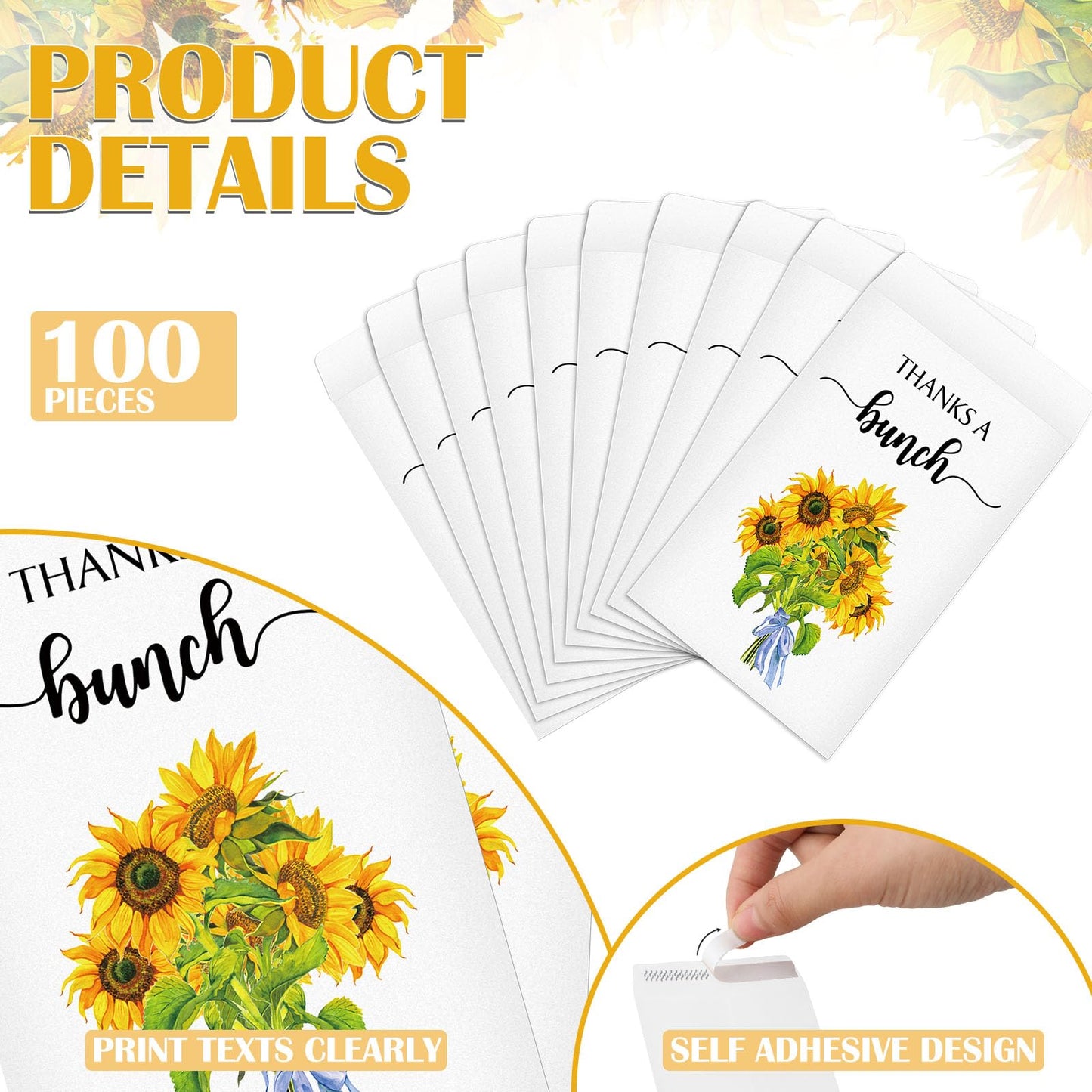 Fumete 100 Pcs Thank You Sunflower Seed Packets Wildflower Seed Packets Thanks A Bunch Party Favors Self Adhesive Seed Packets E