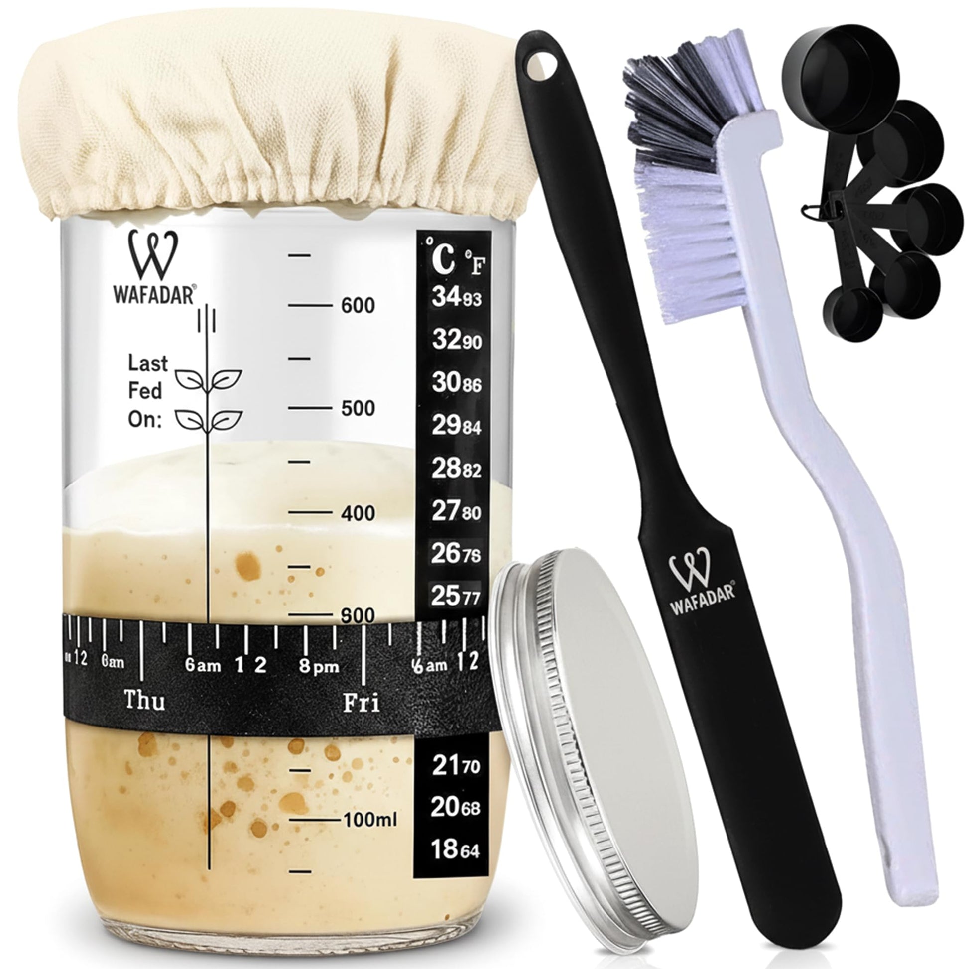 W Wafadar Upgraded Sourdough Starter Jar Kit -24 Oz Glass Jar With Date Marked Feeding Band  Thermometer  Scraper  Cleaning Brush & Measuring Cups  Complete Bread Baking Supplies