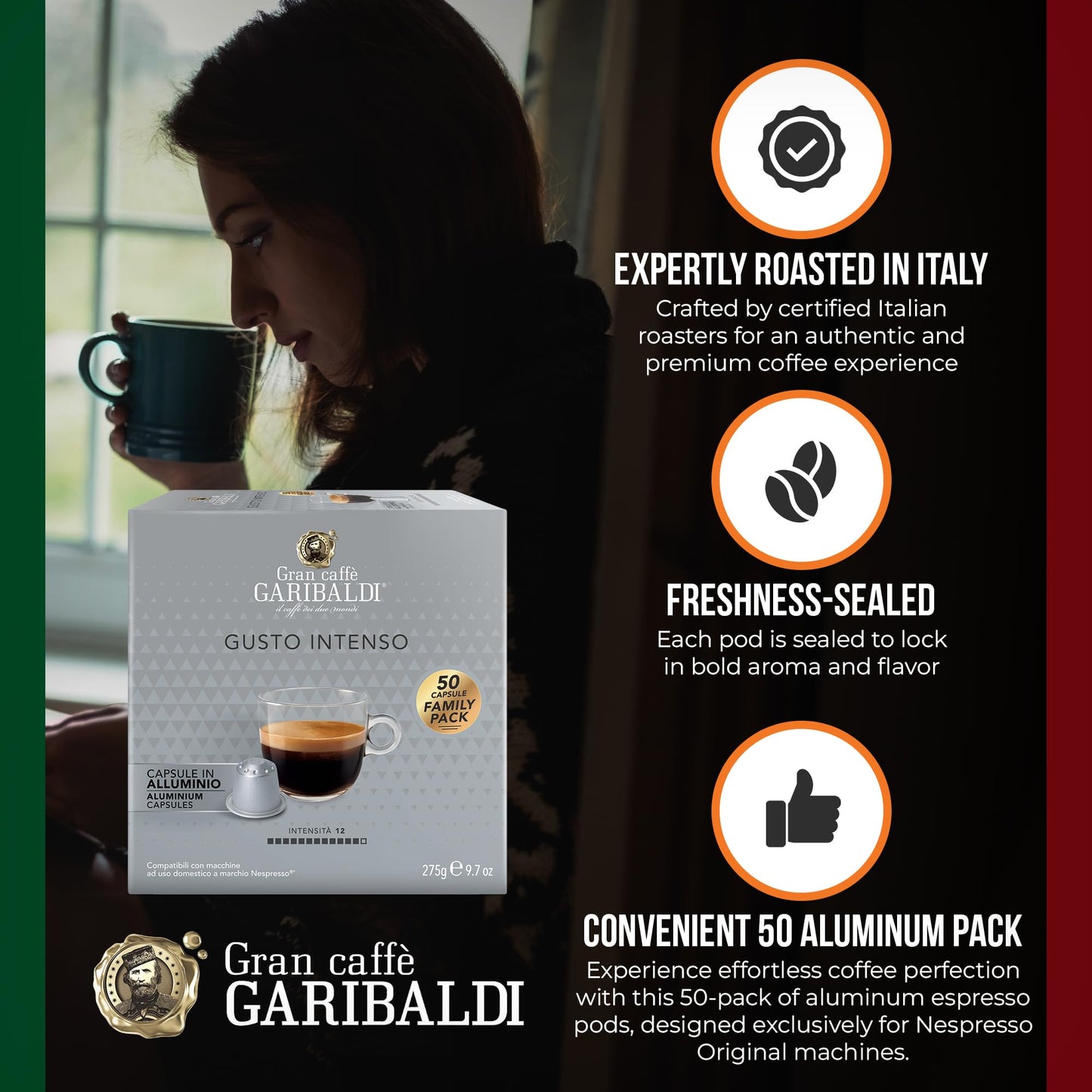 Caffè Garibaldi Espresso Pods, Dark Roast, Strong & Intense, Compatible Nespresso, 200 Cups, Aluminum