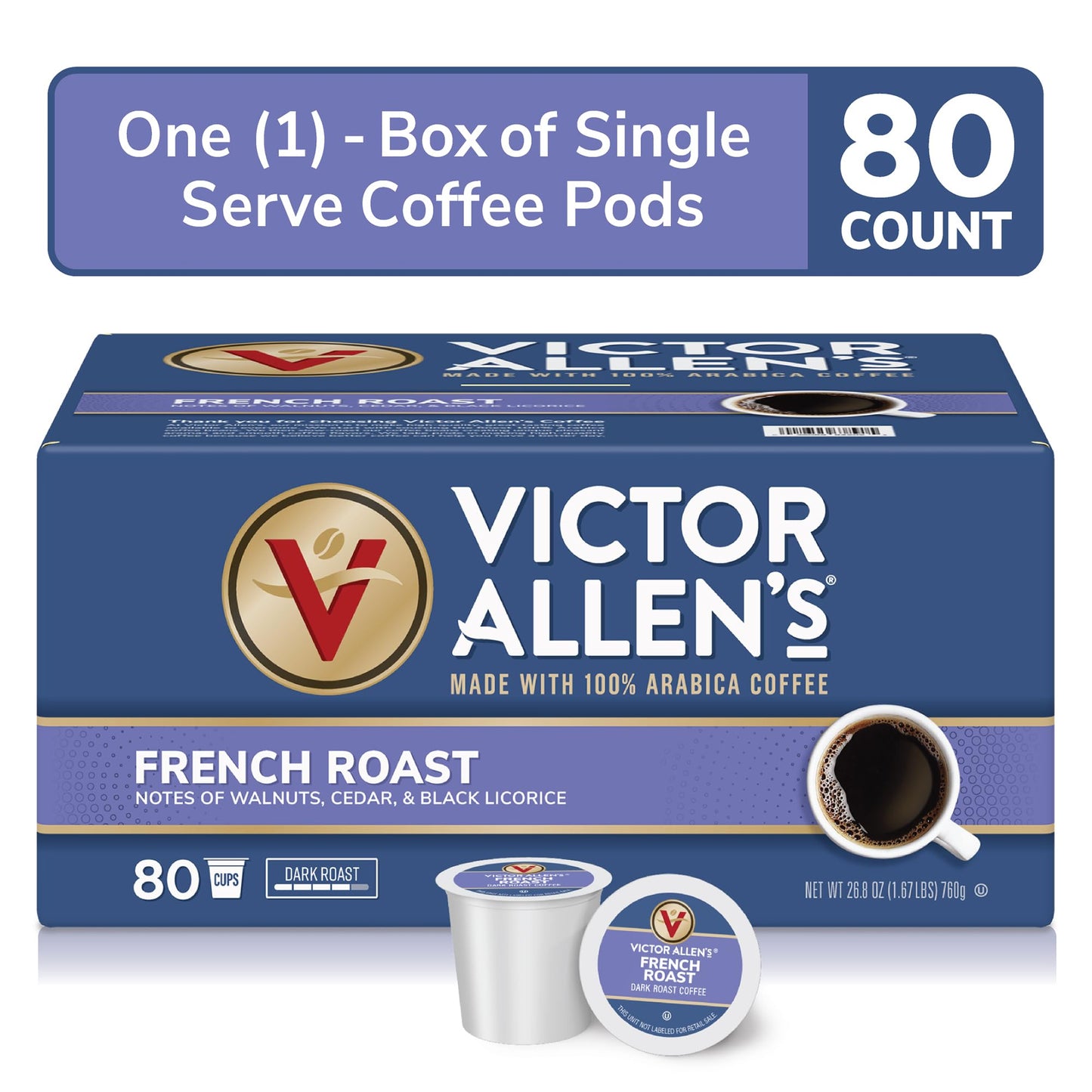 Victor Allens Coffee French Roast Dark Roast Coffee Pods, 80 Count for Keurig, Brown