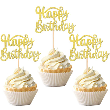 36 Pcs Happy Birthday Cupcake Toppers Glitter Birthday Cupcake Picks Decorations For Celebrating Birthday Party Supplies Gold