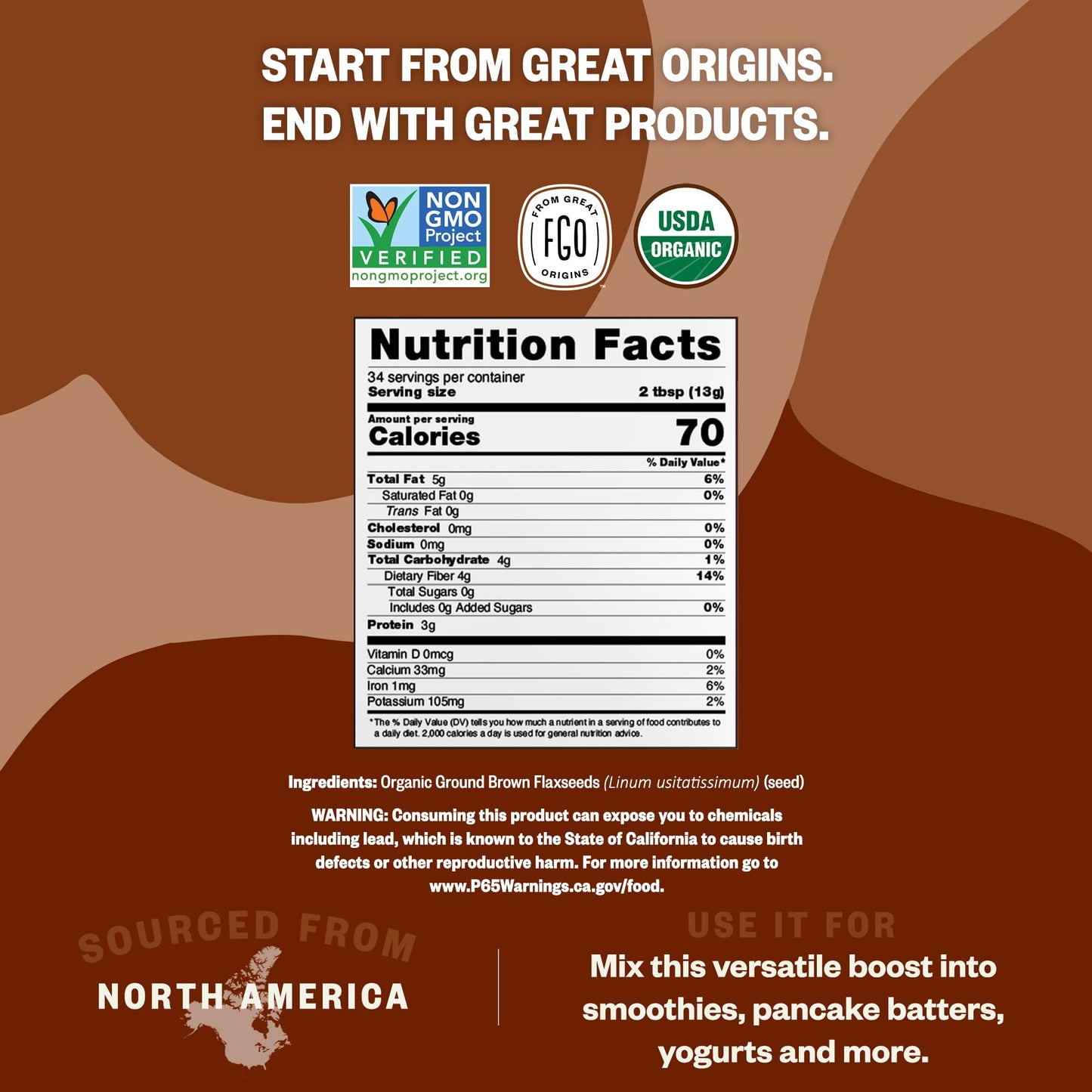FGO Organic Ground Brown Flaxseed Meal, Cold Milled, 2 Pound Resealable Pouch, Grown in USA & Canada