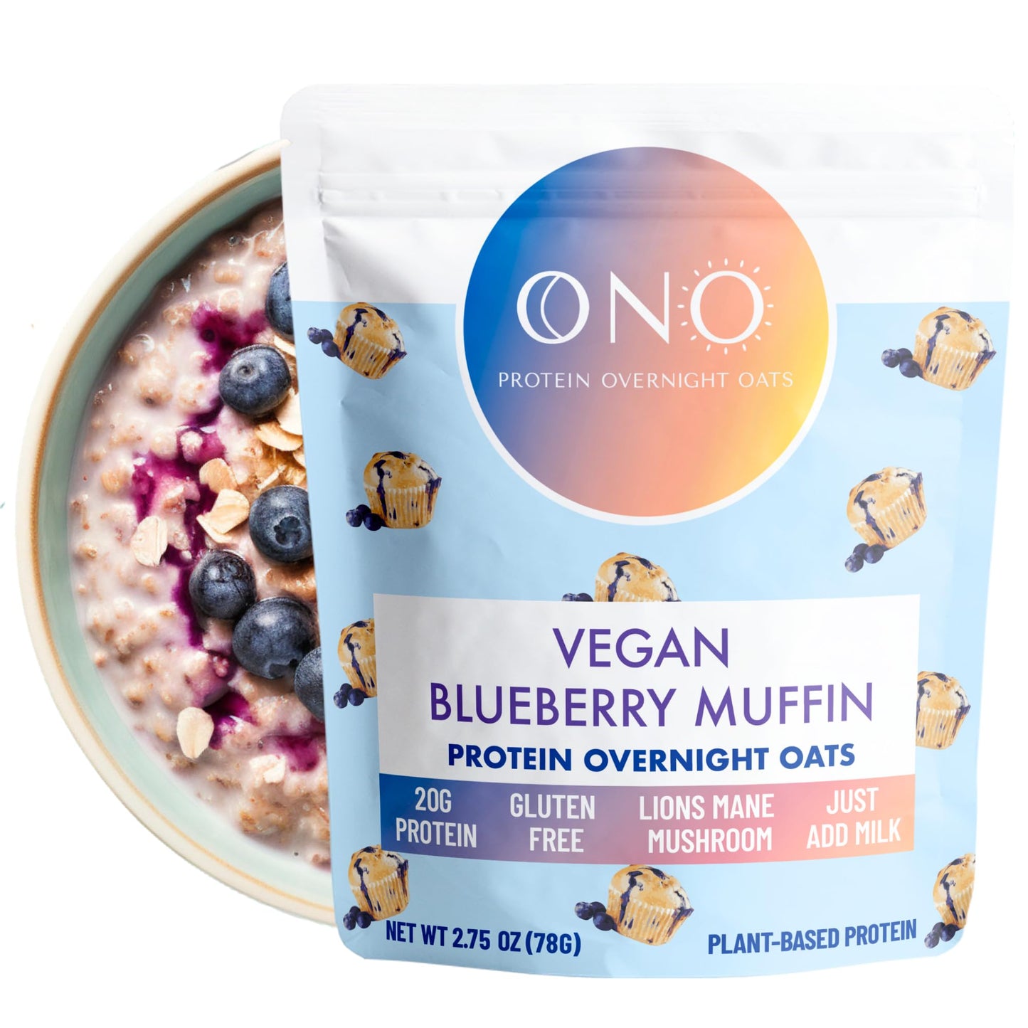 ONO Overnight Oats - Vegan Blueberry Muffin Protein Oatmeal (6 Pack)- 20g Vegan Protein Powder, High Fiber, Low Sugar, Organic G