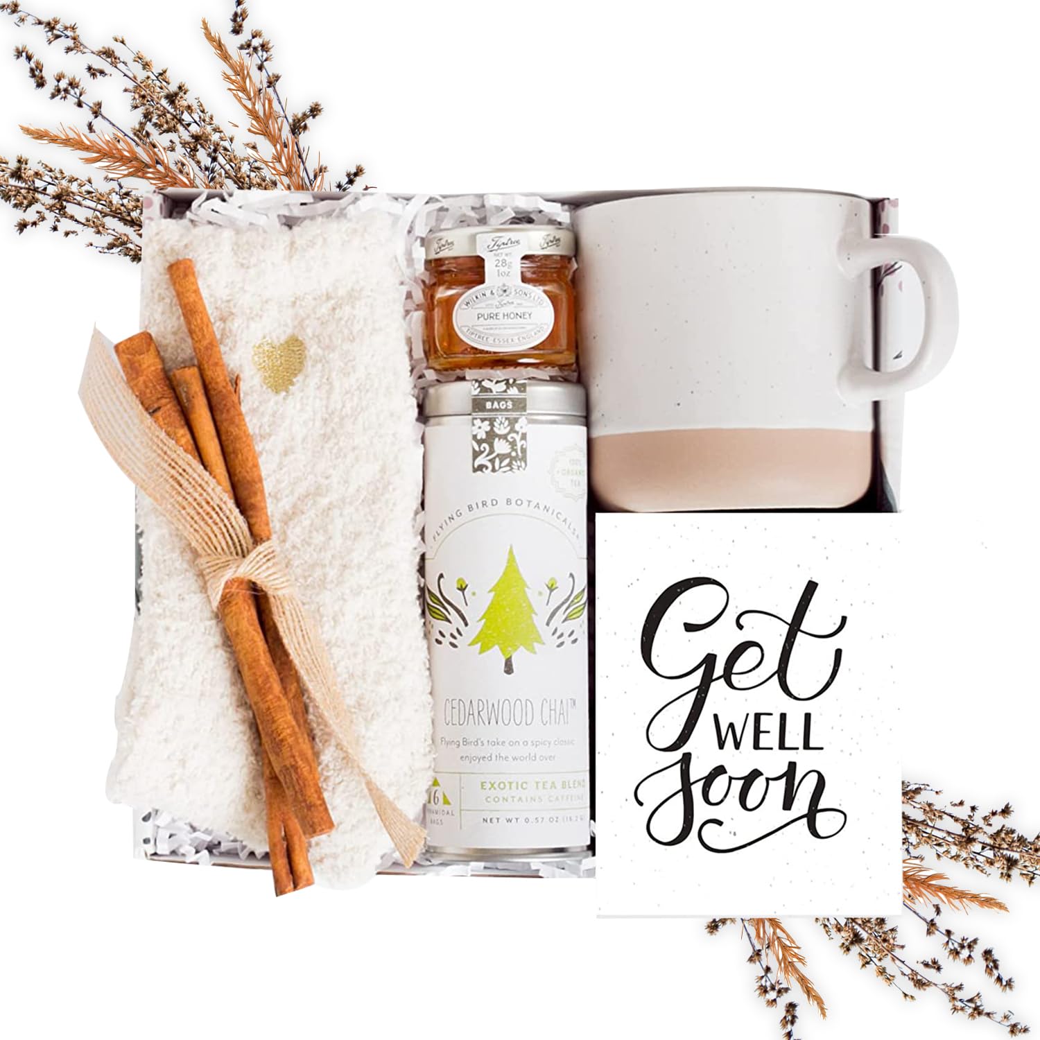 Unboxme Get Well Soon Gift Set - Self Care Package with Fluffy Socks, Mug, Cedarwood Chai Tea & Honey - GWS Model - Get Well Soon Color