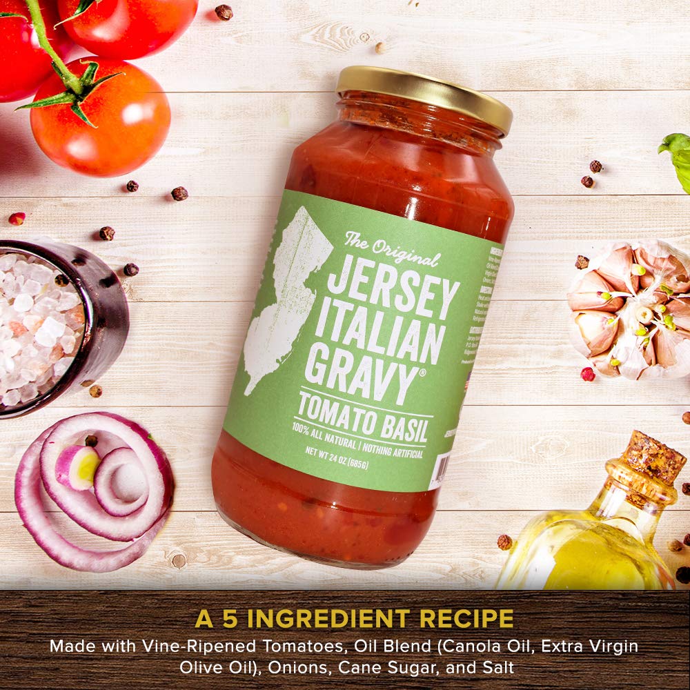 Jersey Italian Gravy-24 Oz Jar-Gourmet, All Natural All Purpose Tomato Sauce For Pasta And More, No Artificial Ingredients- Vegan Friendly-Authentic Recipe For Pasta, (Tomato Basil, 12 Pack)
