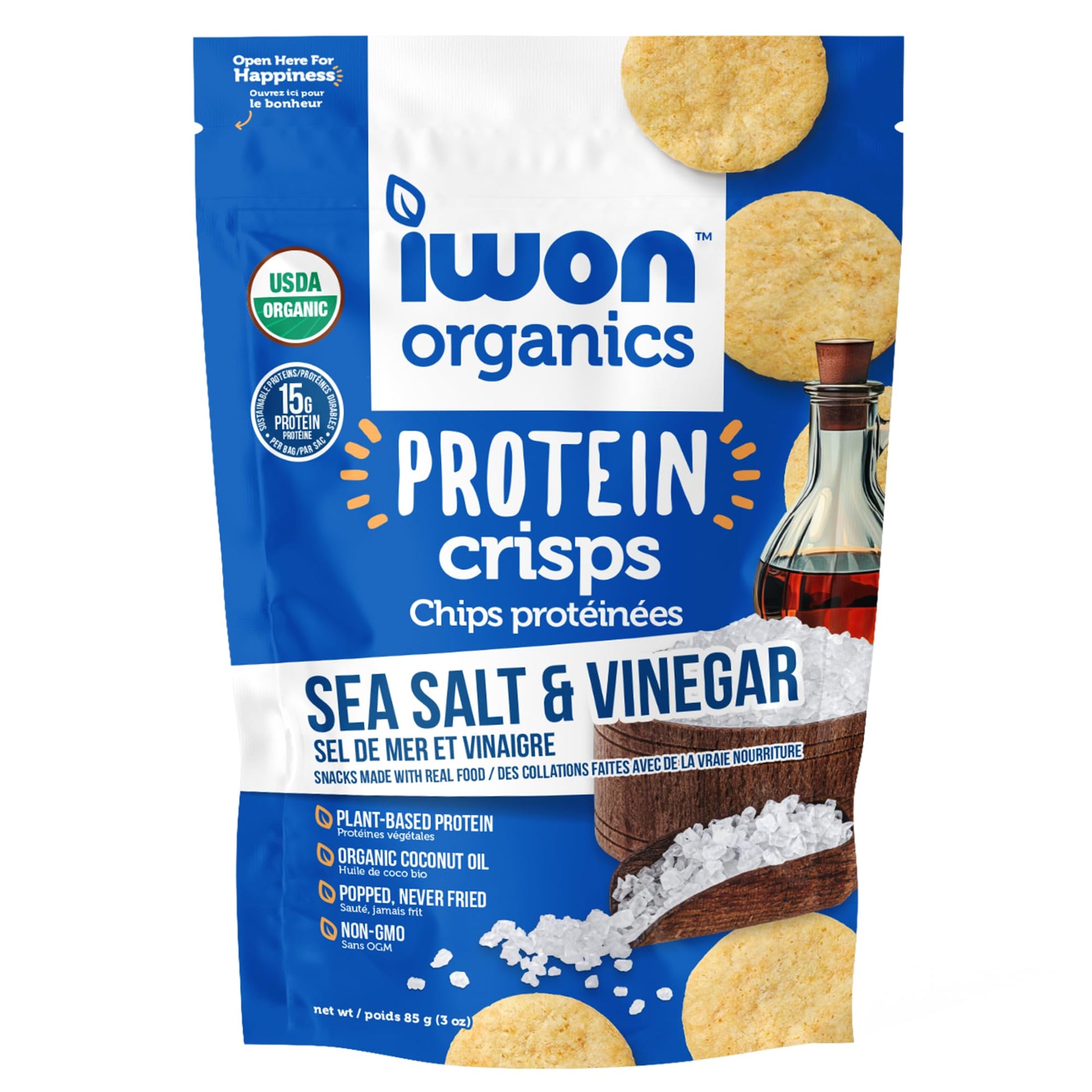 Iwon Organics Protein Crisps, Sea Salt & Vinegar, Vegan Friendly, Kosher, USDA Certified Organic, Gluten Free & Non-GMO, 3 Ounce