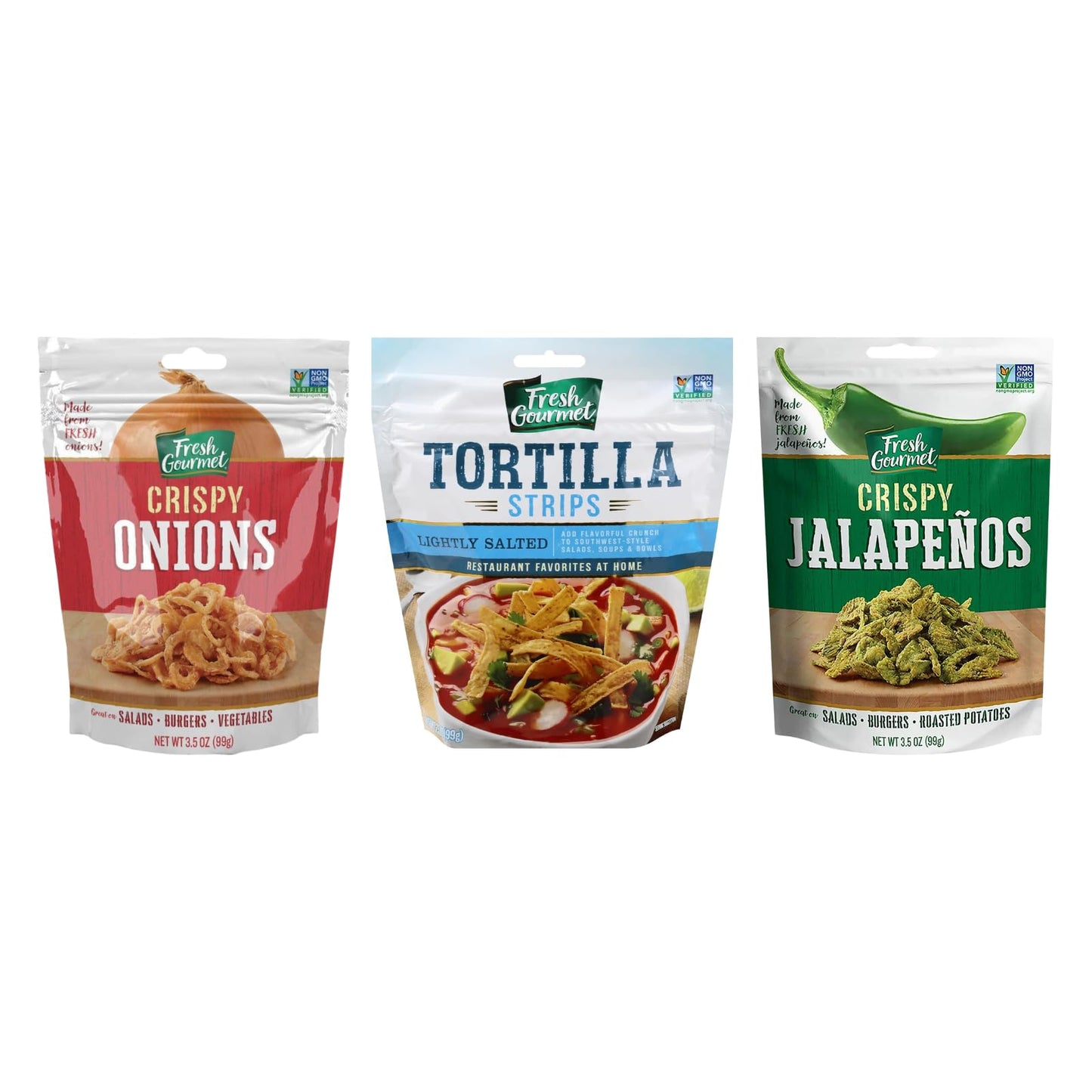 Fresh Gourmet, 1 Lightly Salted Crispy Onions, 1 Lightly Salted Tortilla Strips, 1 Lightly Salted Crispy Jalapenos, 3.5 Oz Each, 1 Ct (Variety Pack)