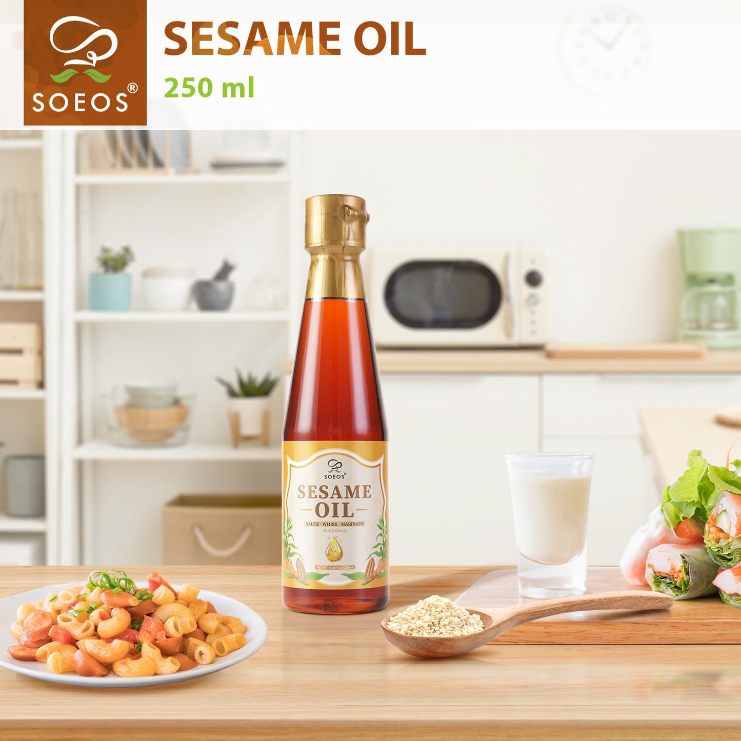 Soeos Sesame Oil, Toasted Sesame Seed Oil, 8.45 Fl Oz (250 Ml), Nutty Flavor, Perfect For Asian Food, Noodles, Soup, Baking, And