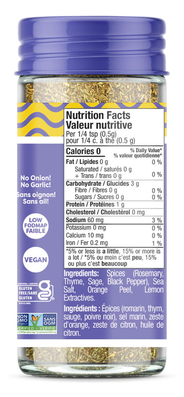 Fody Foods Lemon Herb Seasoning, 1.8 Oz, Garlic and Onion Free, Low FODMAP Certified, Gut & IBS Friendly, Vegan, Non-GMO, Gluten