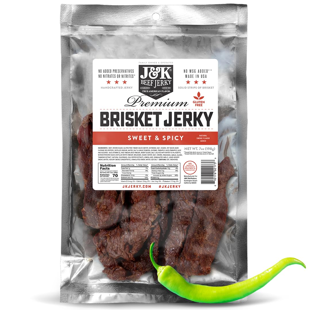 J&K Jerky Sweet & Spicy Brisket, Small Batch Handcrafted Beef Jerky 7 oz