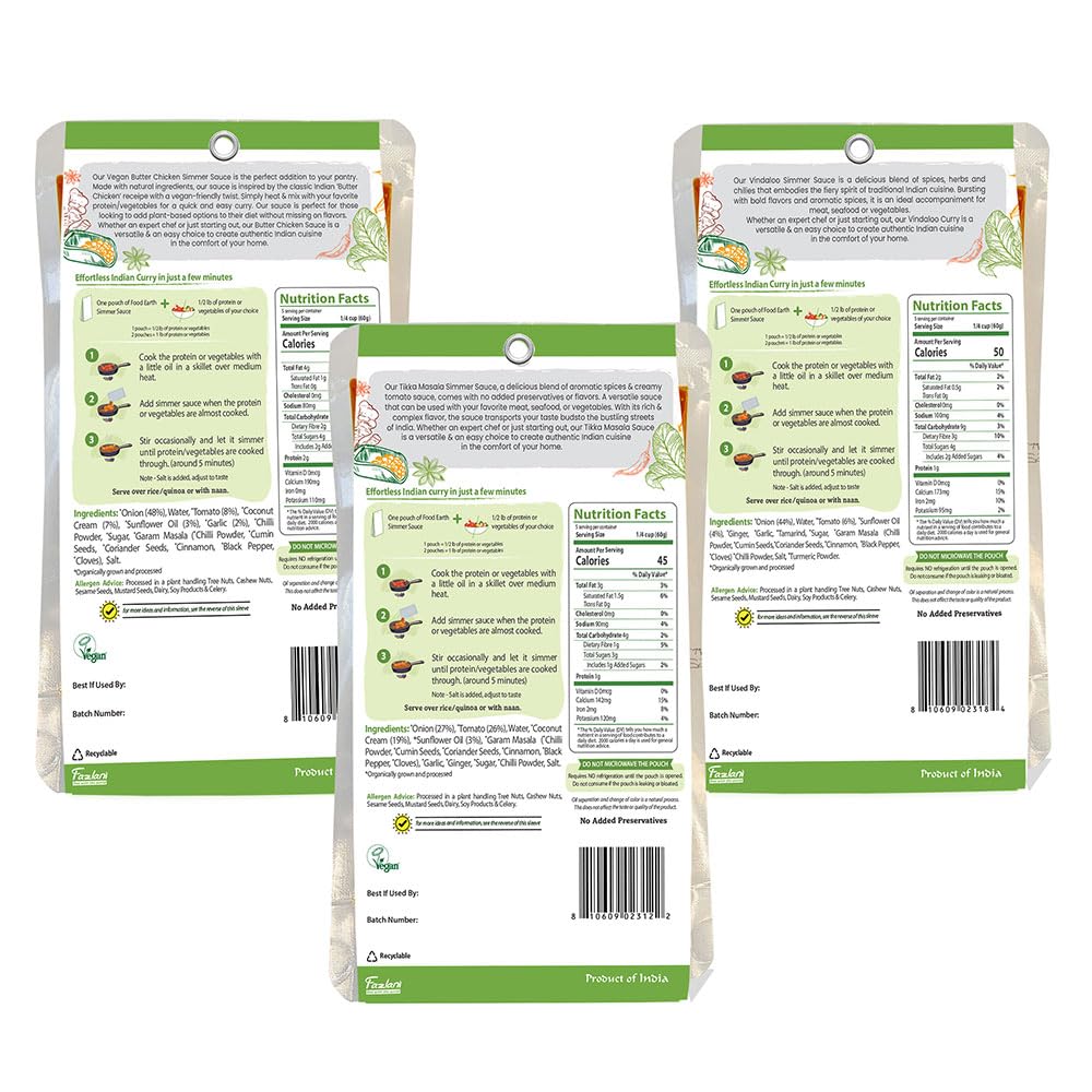 Food Earth Indian Simmer Sauce Trio - Vindaloo, Butter Chicken, Tikka Masala - Organic, Vegan, Gluten-Free, Gmo-Free - 6 Prepack