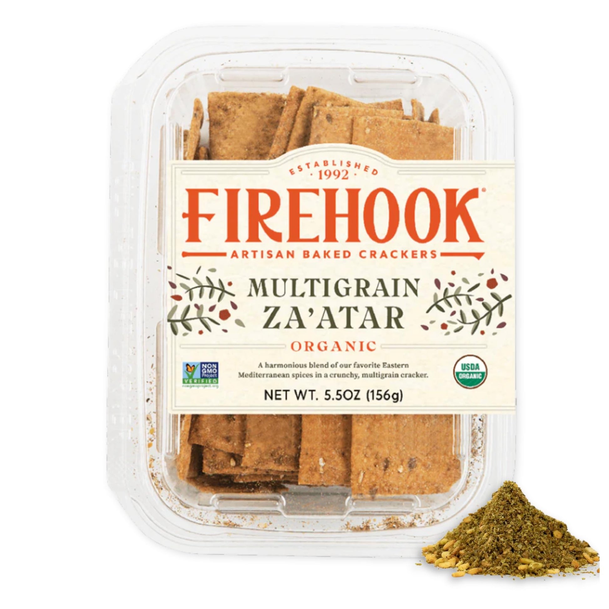 Firehook Zaatar Crackers - Handcrafted, Crunchy & Light, Dusted With Mediterranean Zaatar Spice - 100% Natural, Non-Gmo, Vegan -