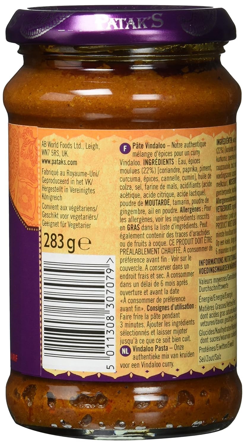 Pataks Vindaloo Spice Paste - Hot Indian Curry Base - Gluten-Free & Vegan - 10oz Jar